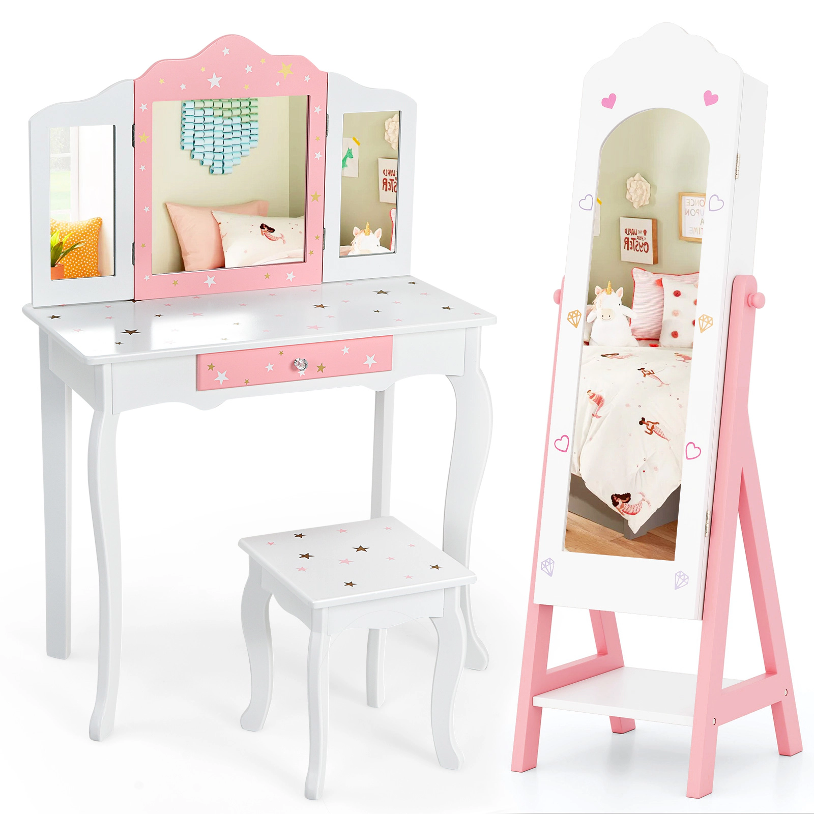 SUGIFT 2-Piece Kids Vanity Set with Tri-Fold Mirror Stool and Standing Jewelry Armoire Full-Length Mirror