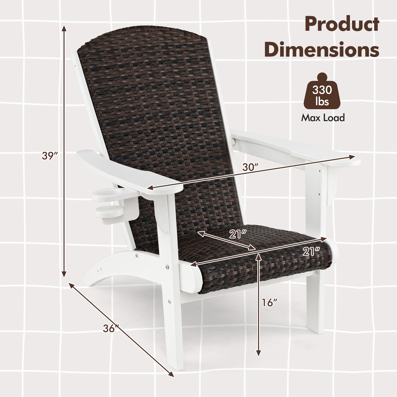 LJG Patio Adirondack Chair with Rattan Padded Seat and Hidden Cupholder
