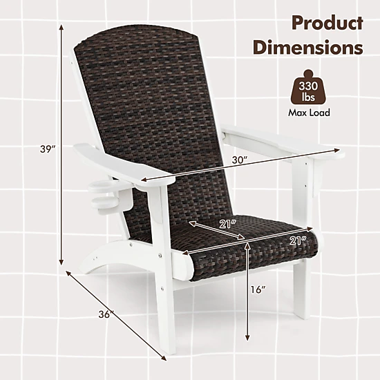 SUGIFT Patio Adirondack Chair White with Rattan Padded Seat and Hidden Cup Holder