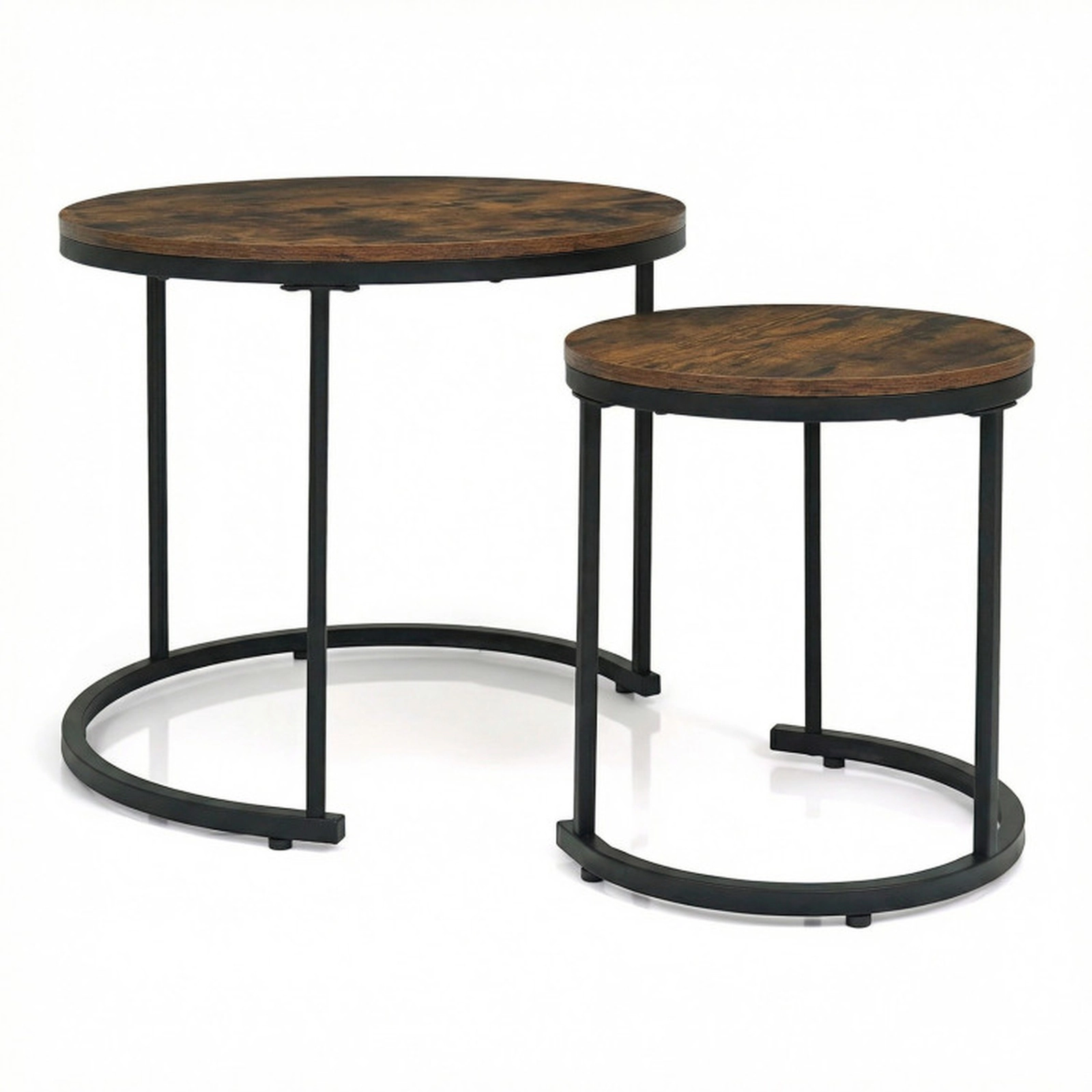 SUGIFT Set of 2 Round Nesting MDF Top Steel Frame Coffee Tables 24-in Dia x 20-in H 16-in Dia x 16.5-in H Rustic Brown