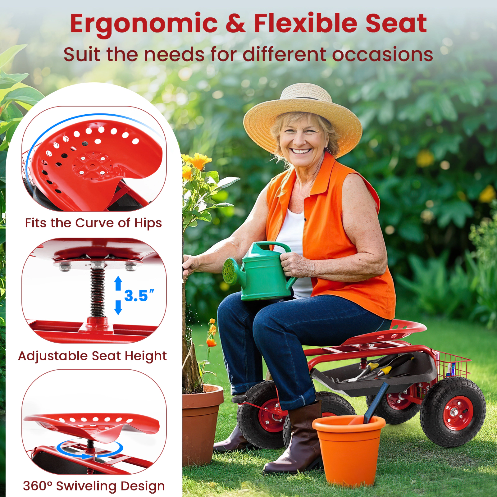 SUGIFT Red 330-lb Capacity 4-Wheel Rolling Garden Cart Work Seat Shop Stool with Tool Tray and Tires