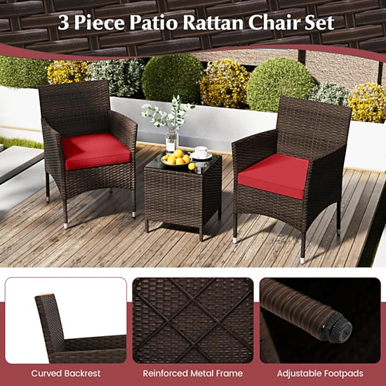 Hivvago 3 Pieces Outdoor Conversation Set With Cushioned Seat And Glass Tabletop