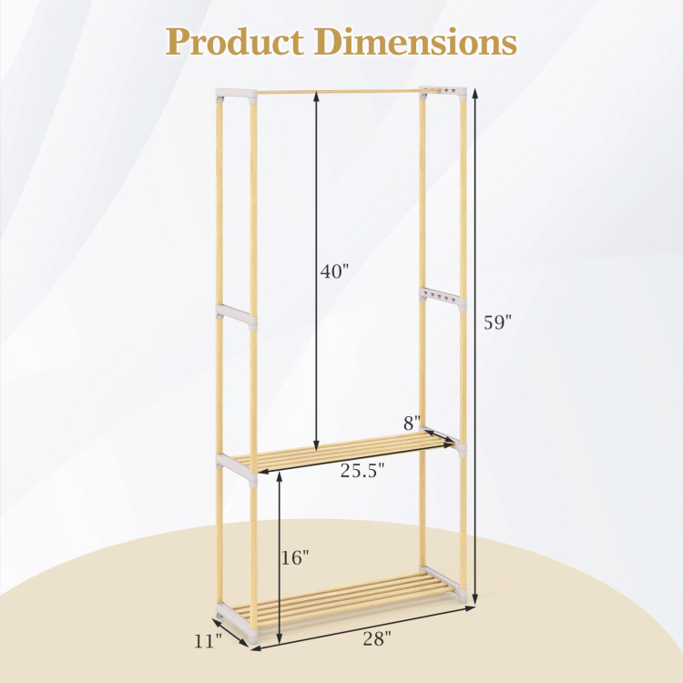 Hivvago Pine Wood Clothes Rack with 2-Tier Open Storage Shelf for Hanging Clothes