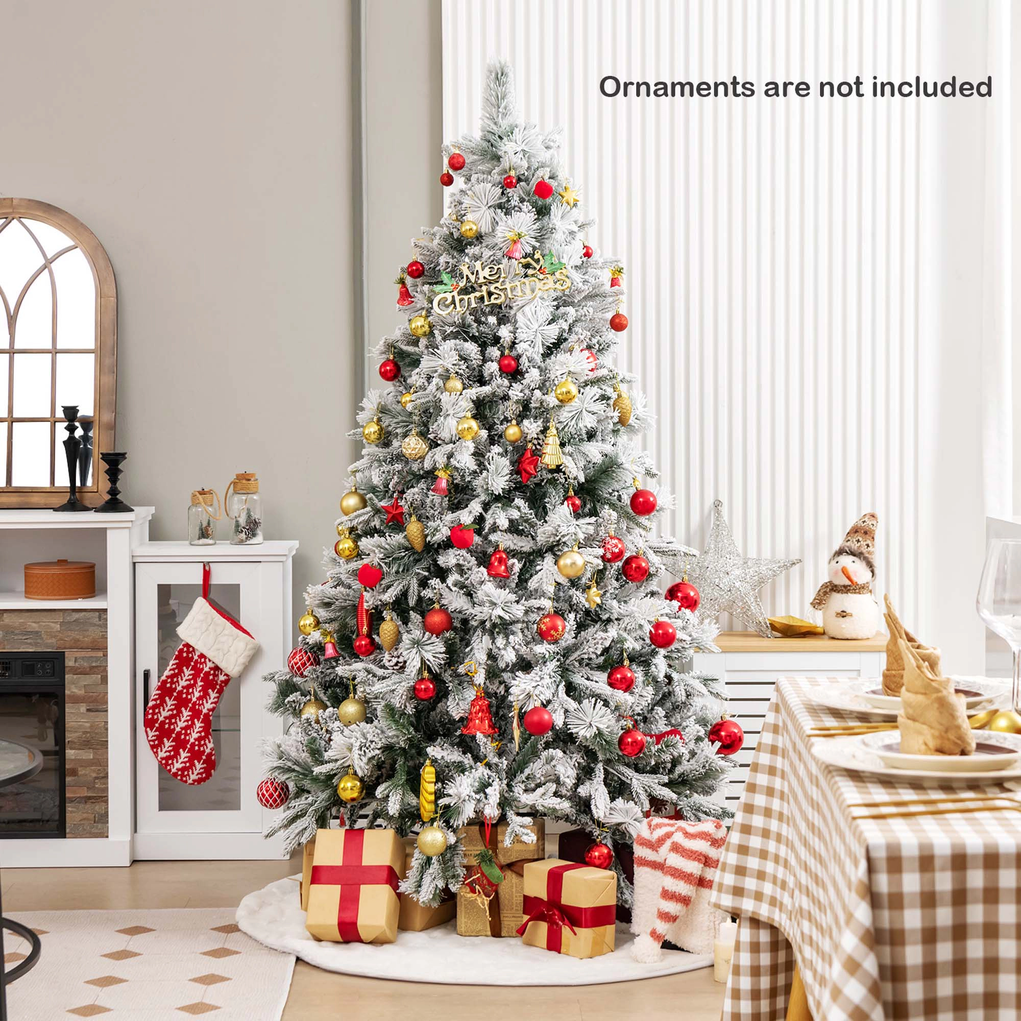 Costway 7 FT Pre-Lit Snow Flocked Christmas Tree Hinged Xmas Tree with 8 Modes 320 Lights