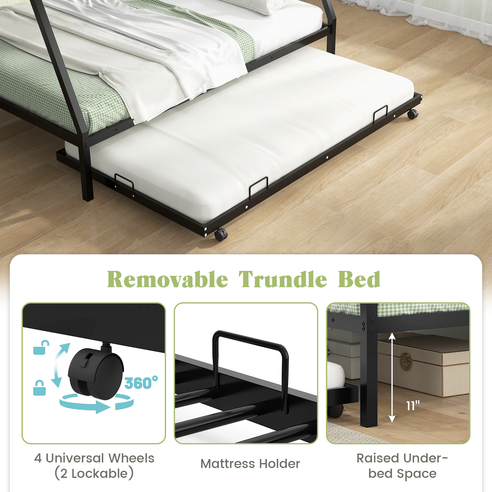 SUGIFT Black Roll-Out Trundle and Full-Length Guardrail Twin Over Full Kids Metal Bunk Bed
