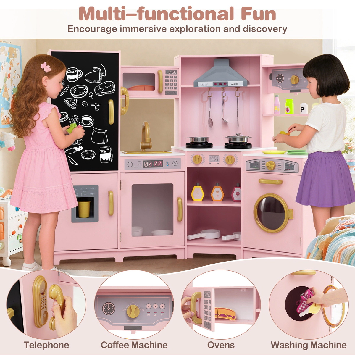 SUGIFT Pink Lights Sounds and Ice Maker for Kids Large Corner Wooden Play Kitchen