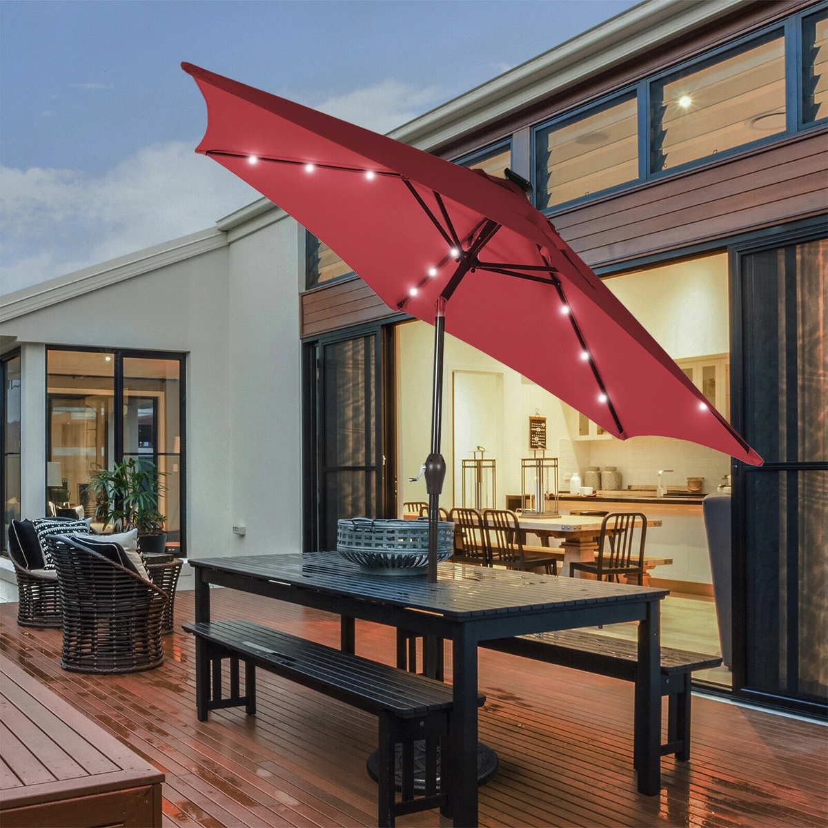 SUGIFT 9-ft Solar LED Lighted Patio Market Umbrella with Crank Lift and Tilt 6-Rib 18-Light Canopy Dark Red