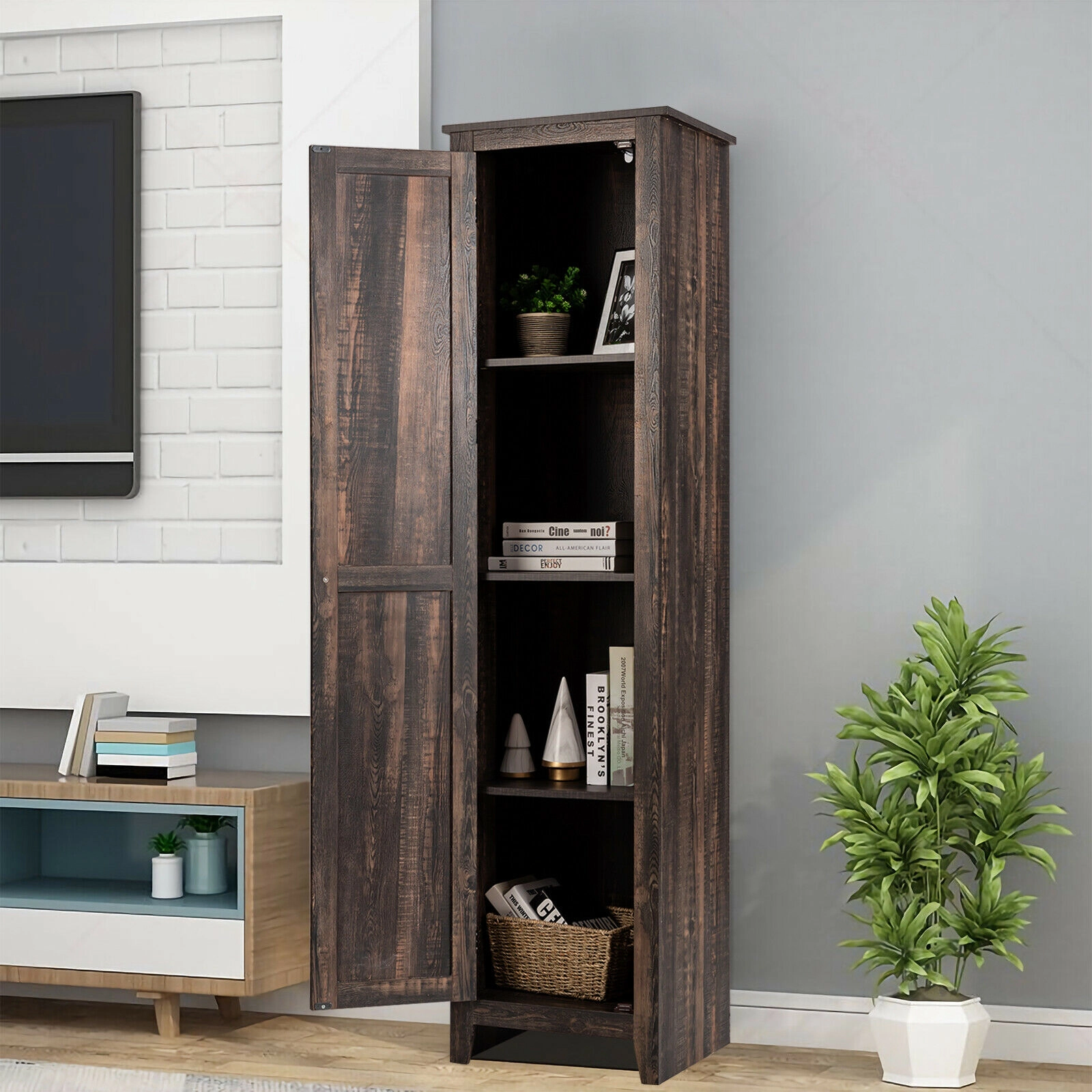 SUGIFT Walnut 72-in Tall 4-Shelf Slim Linen Tower Bathroom Storage Cabinet with Magnetic Door and Anti-Toppling Kit
