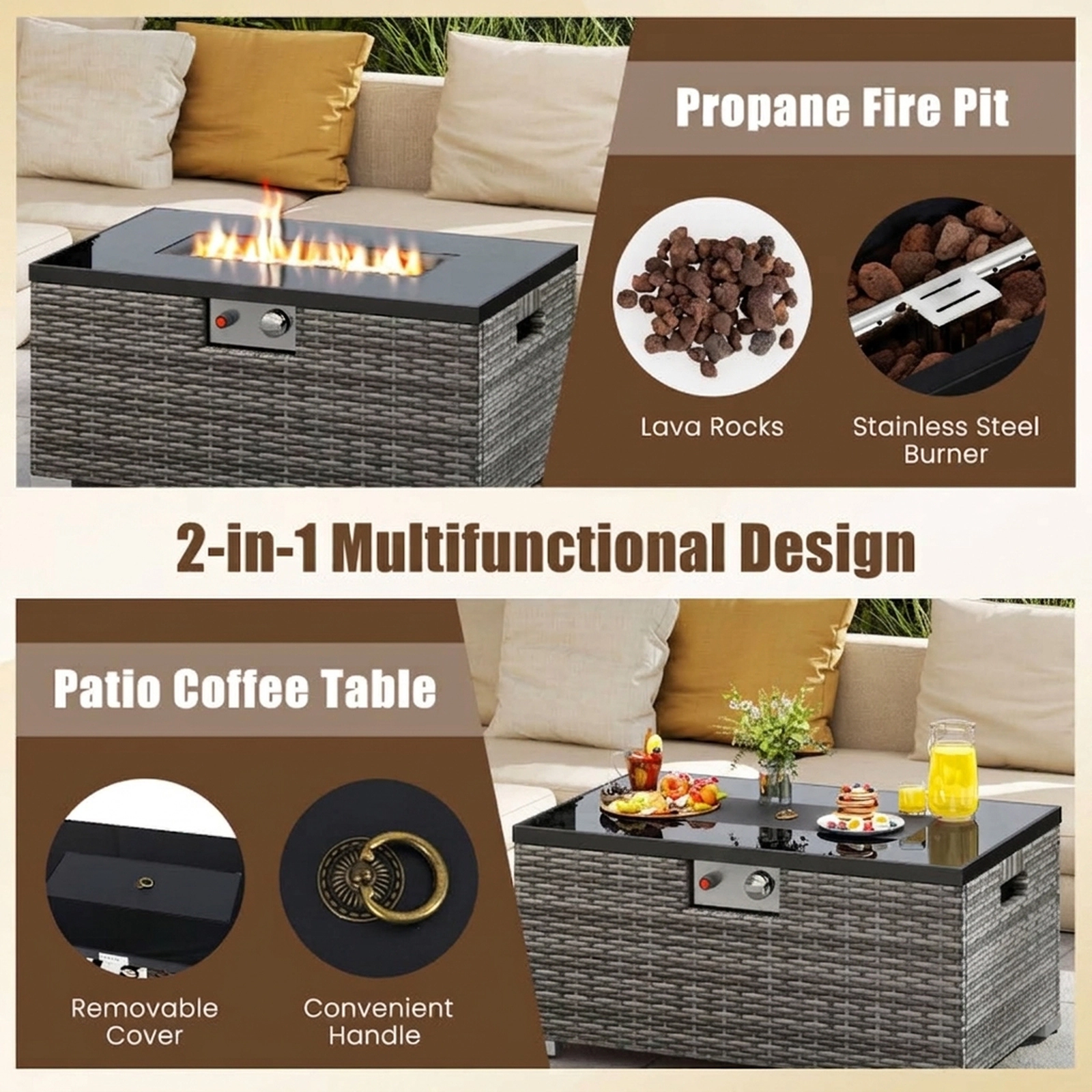 SUGIFT Gray Rattan Gas Fire Pit Table Set with Glass Top 32-in W 20-in D 16-in H 265-lb Tabletop Capacity