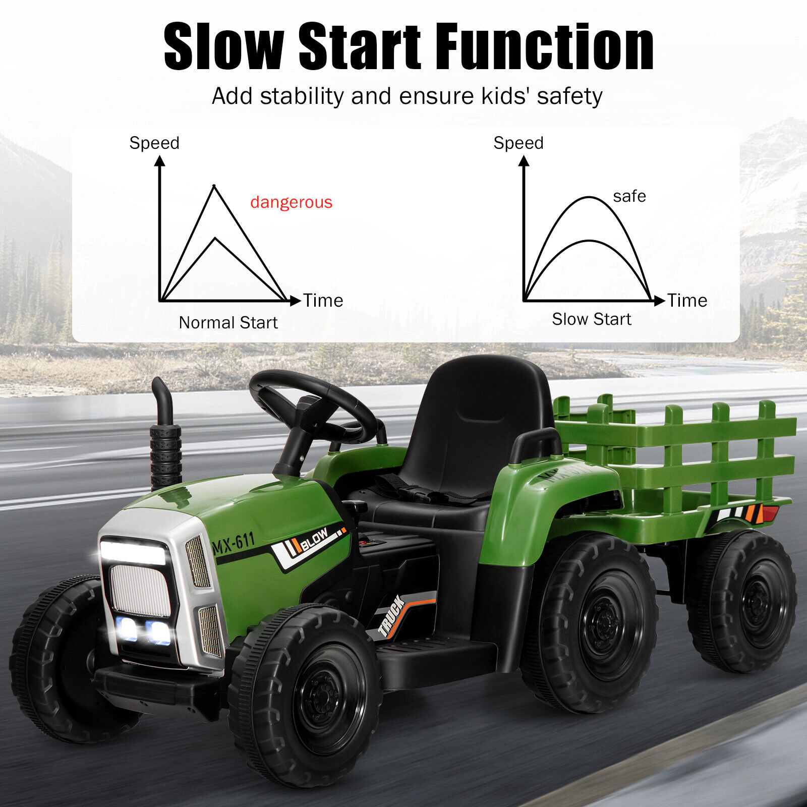 12V Ride On Tractor for Kids Detachable Trailer 3-Gear Shift Ground Loader Parent Remote LED Lights Ages 3+ Dark Green