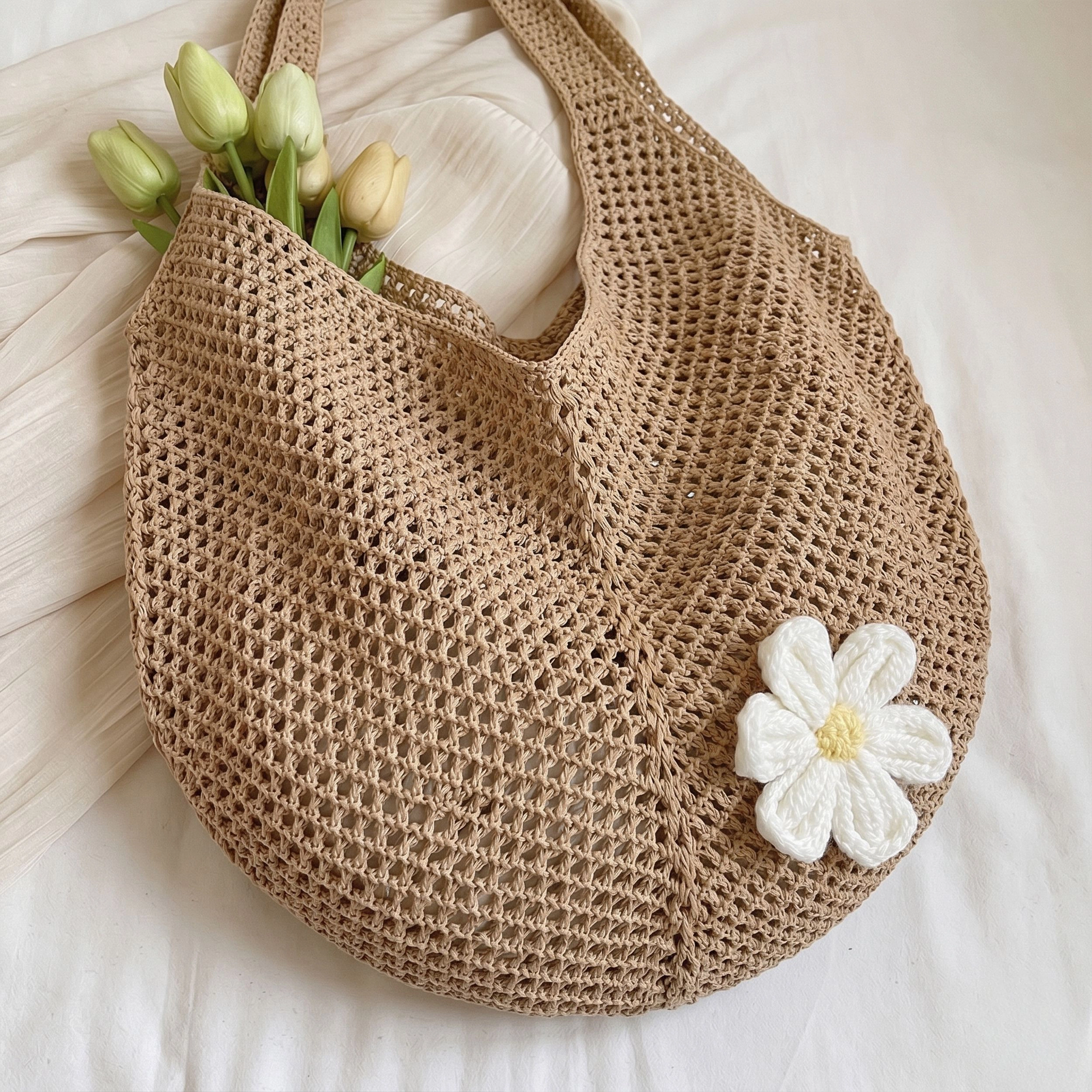 Alilang Women's Woven Crochet Hobo Shoulder Bag Lightweight Knit Slouchy Tote with Flower Detail, Beige