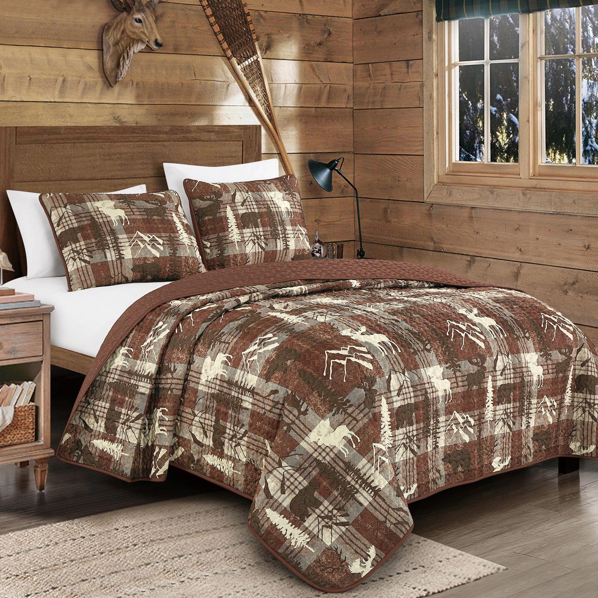 MarCielo 3 Piece Rustic Wildlife Reversible Polyester Quilt Bedspread Set