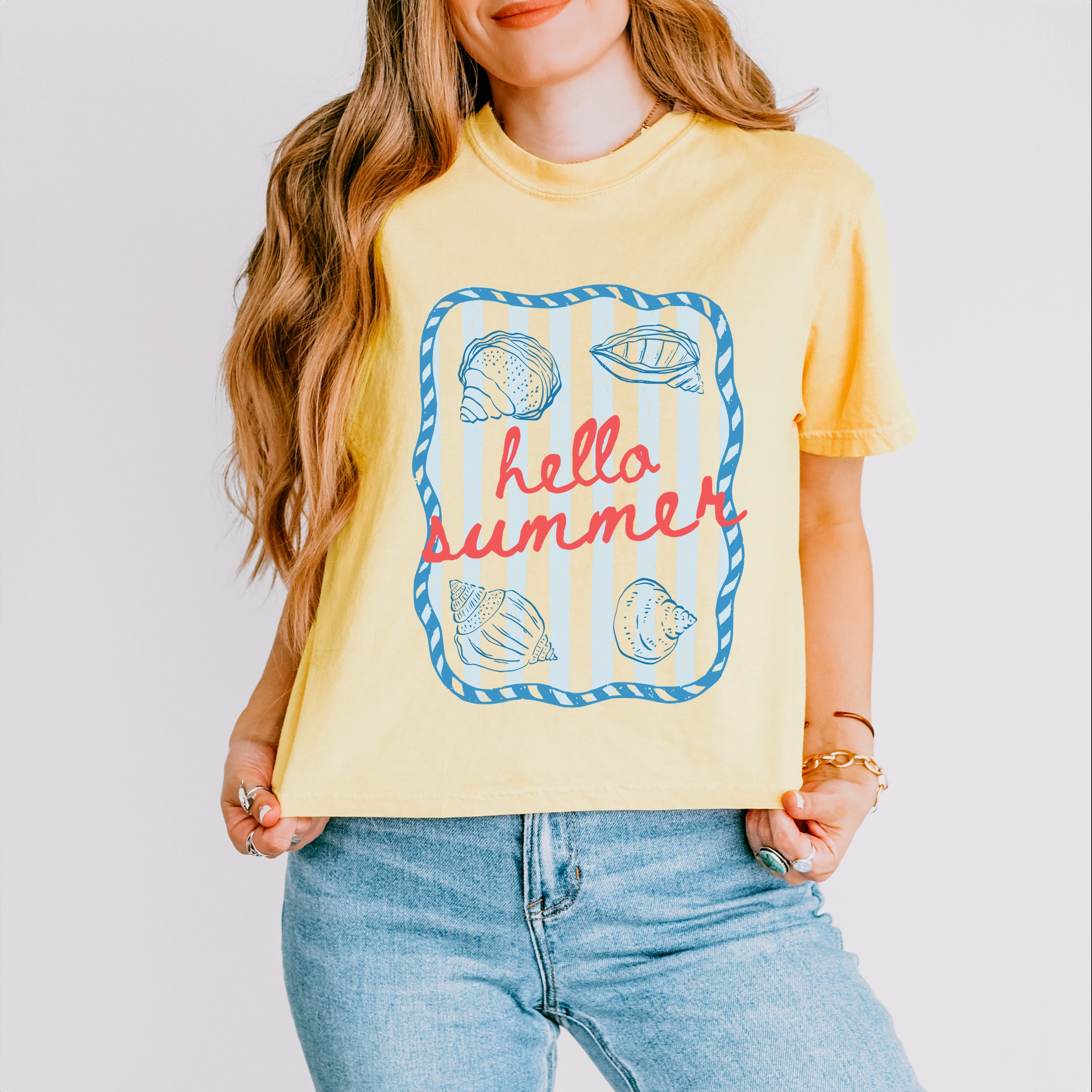 Simply Sage Market - Hello Summer Sea Shells Women's Boxy Crop Top Graphic T-Shirt