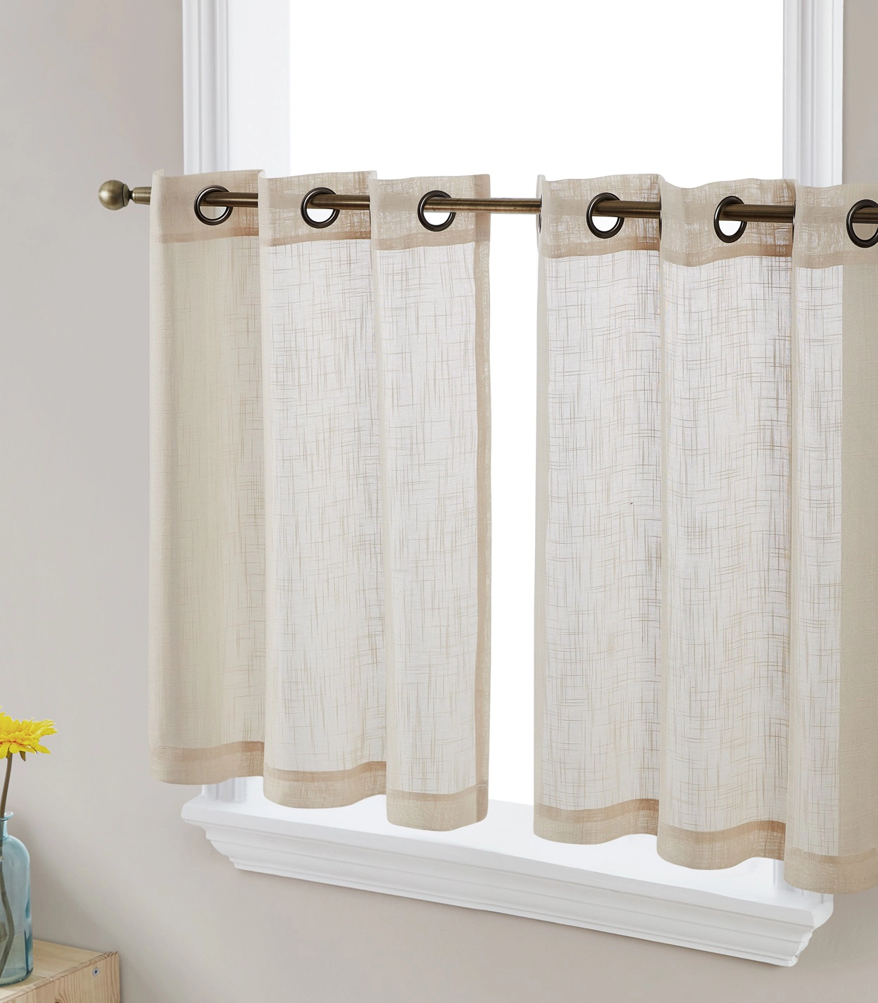 HLC.ME Abbey Faux Linen Textured Semi Sheer Privacy Light Filtering Grommet Short Cafe Curtain Tiers, Set of 2