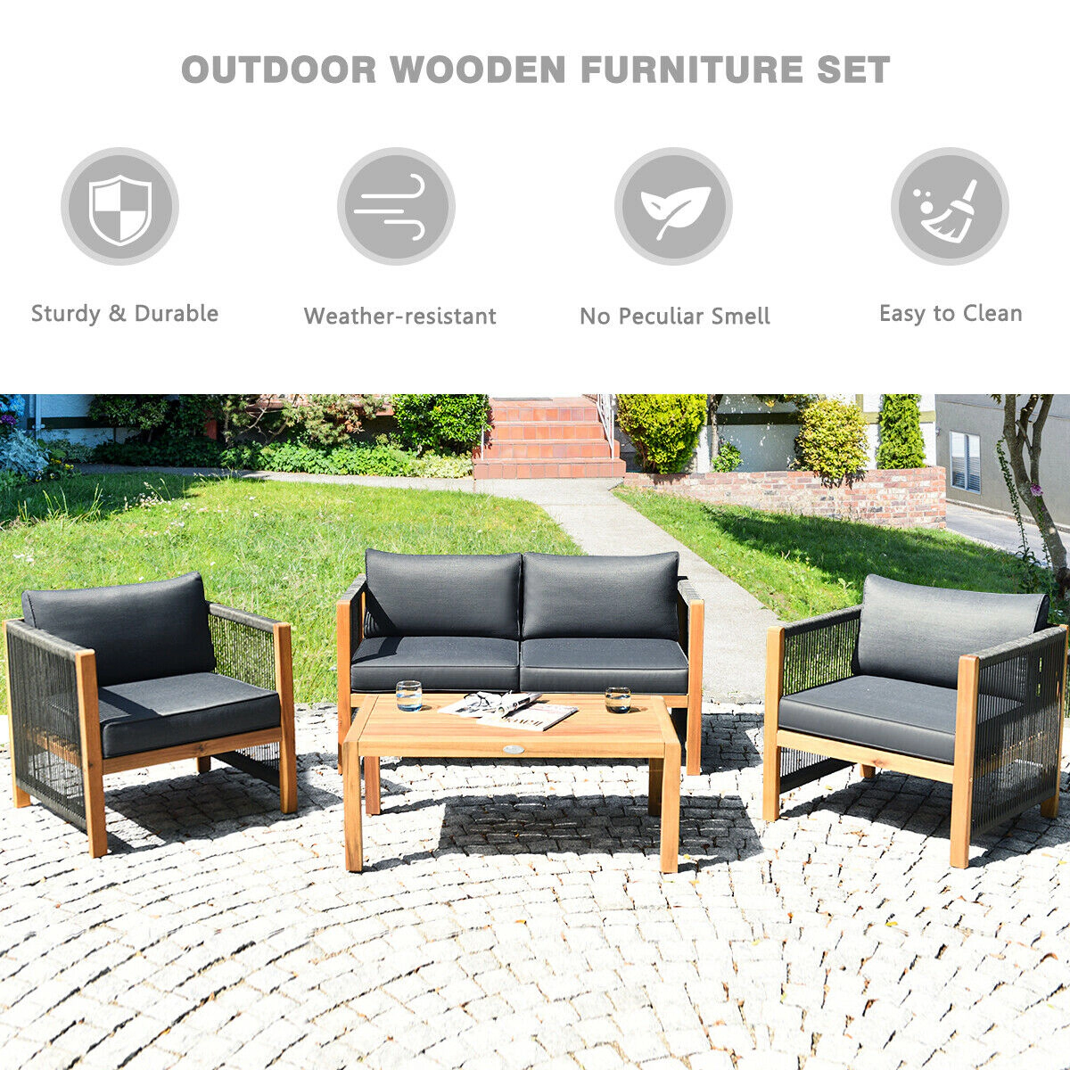 LJG 4 Pieces Acacia Wood Outdoor Patio Furniture Set with Cushions