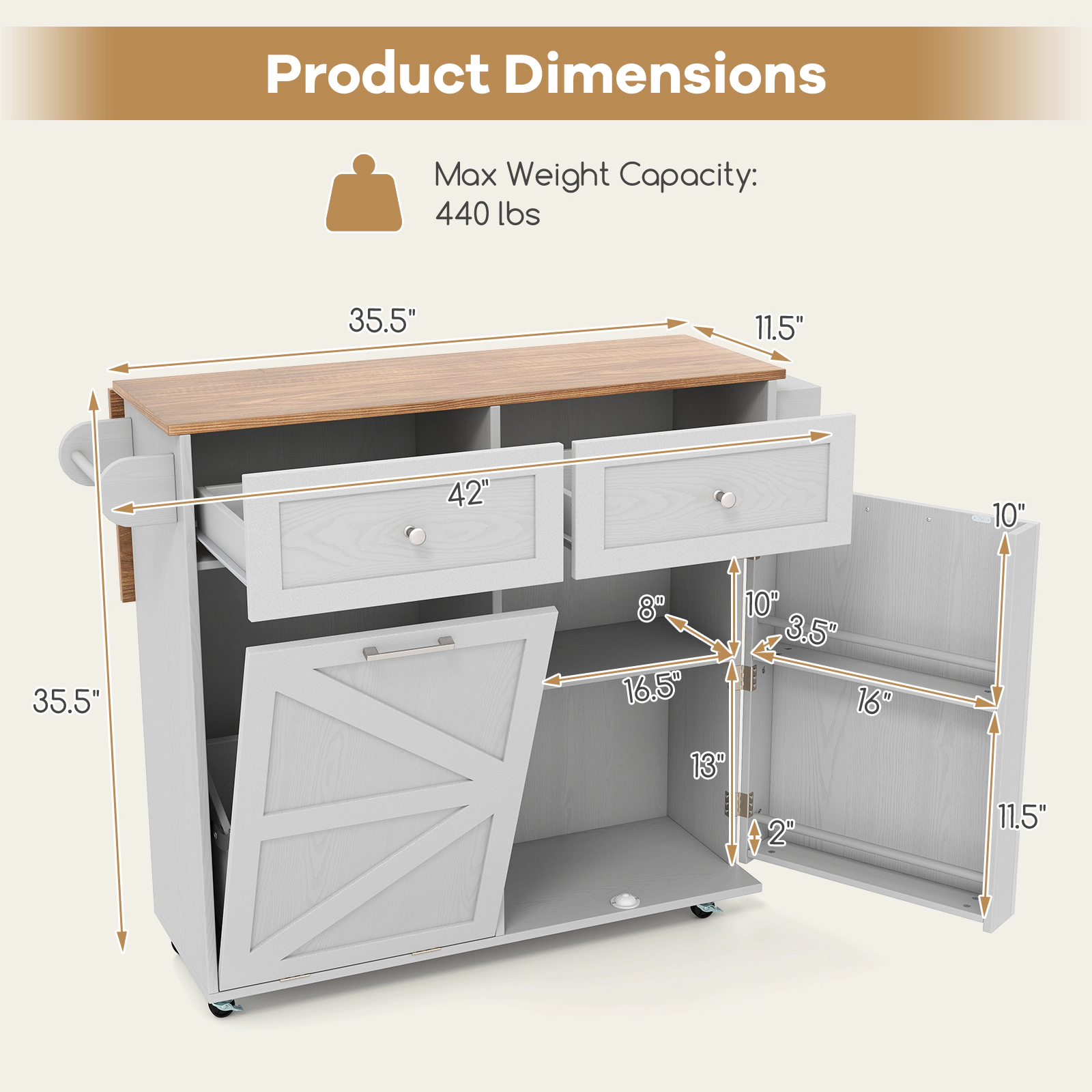 SUGIFT Rolling Kitchen Island Gray with Trash Can Cabinet Drop Leaf and Rubber Wheels