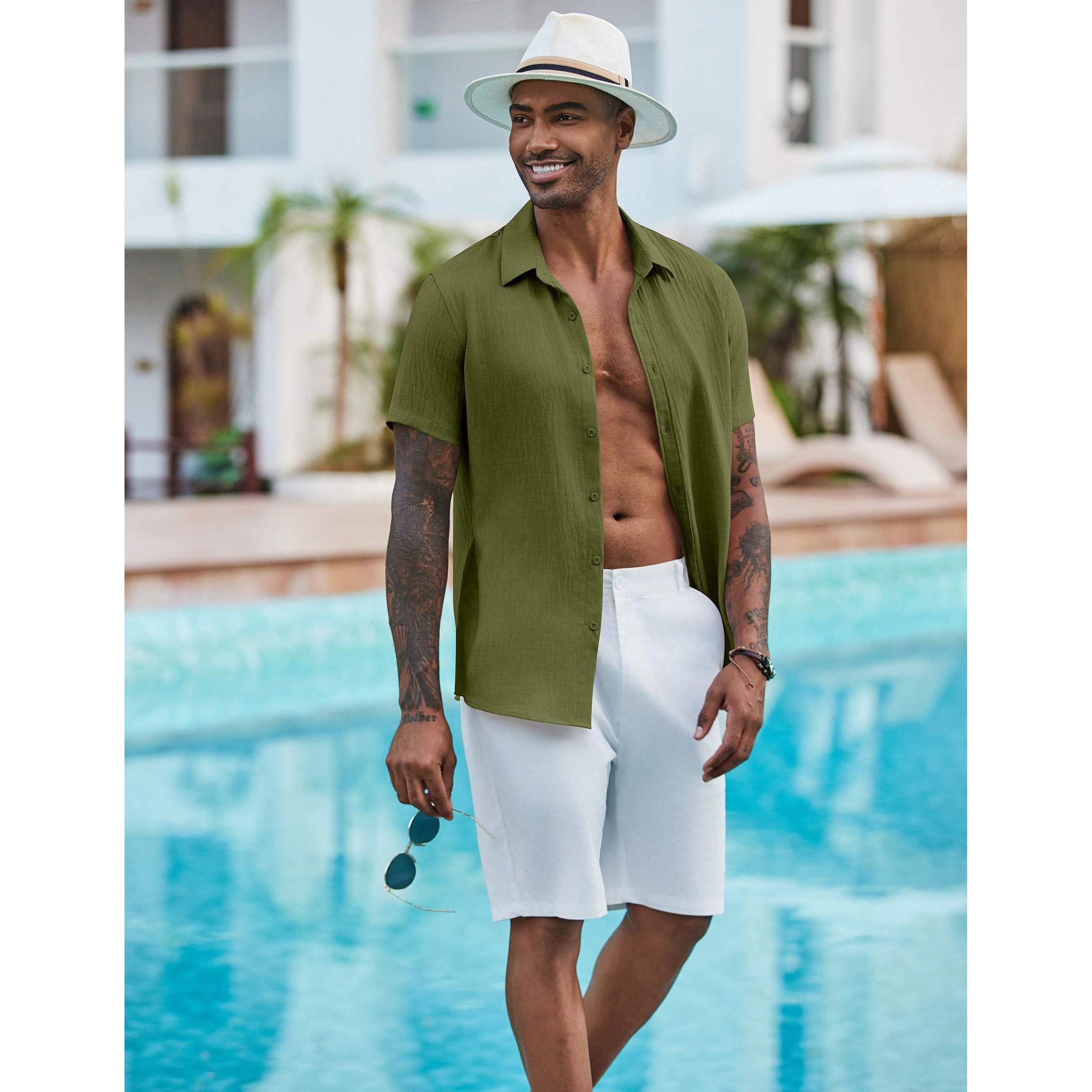 COOFANDY Men's Regular Fit Lightweight Linen Blend Short Sleeve Camp Shirt