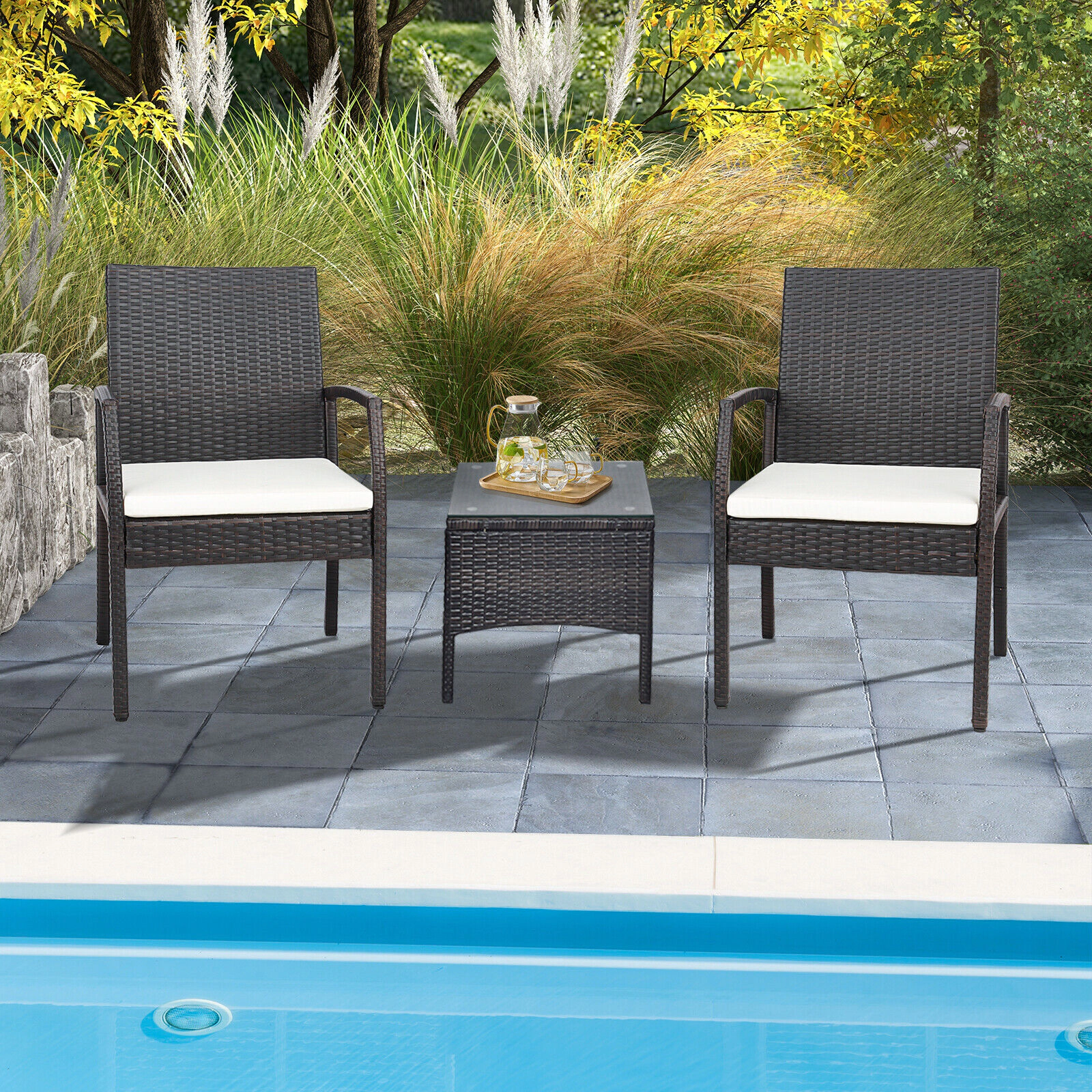 SUGIFT Set of 4 Brown Hand-Woven PE Wicker Outdoor Patio Dining Armchairs with Zippered Seat Cushions