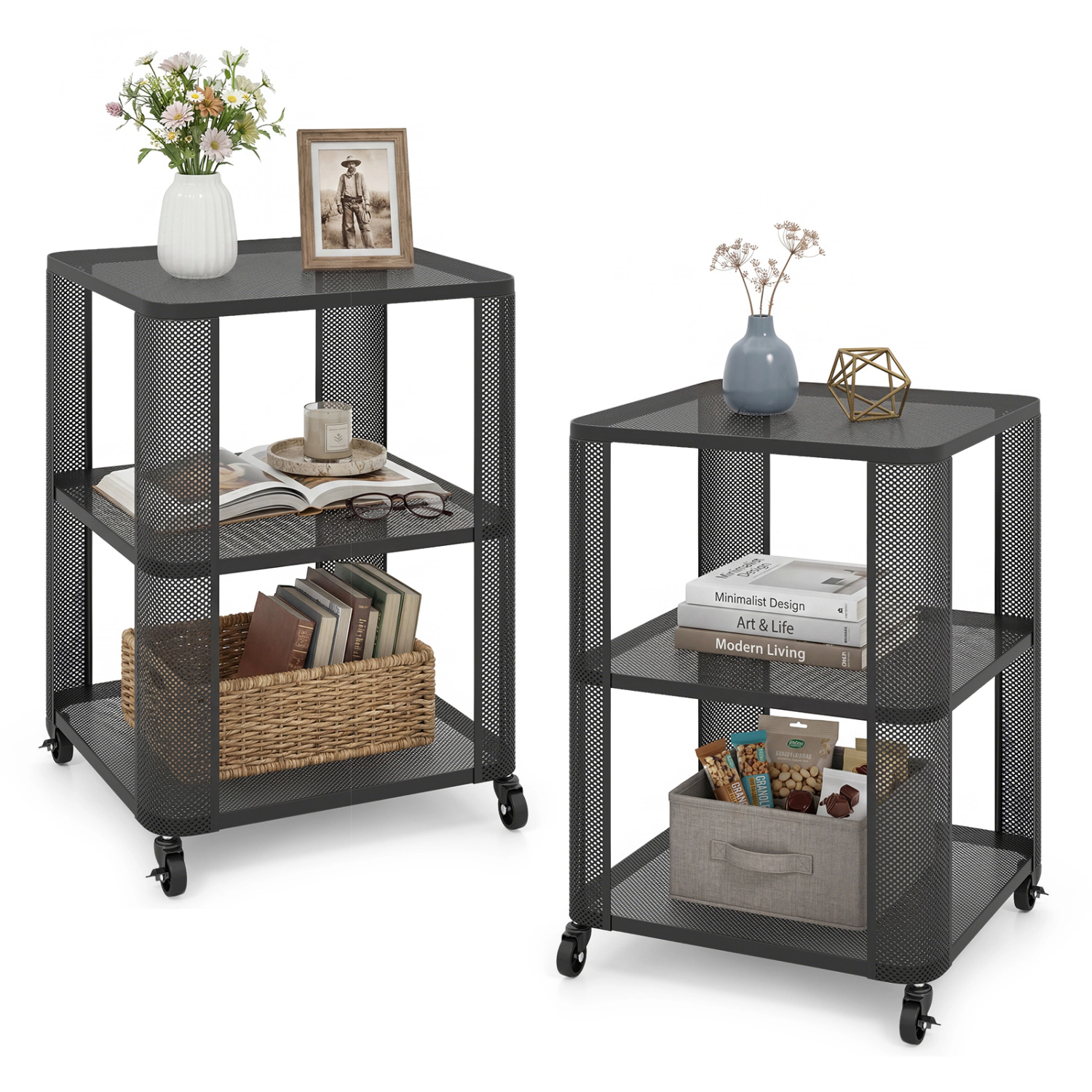 Glintex 2-Piece All-Metal 3-Tier Rolling Side Table Set with Mesh Shelves, Black