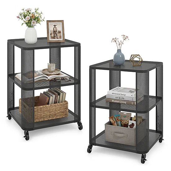 Glintex 2-Piece All-Metal 3-Tier Rolling Side Table Set with Mesh Shelves, Black