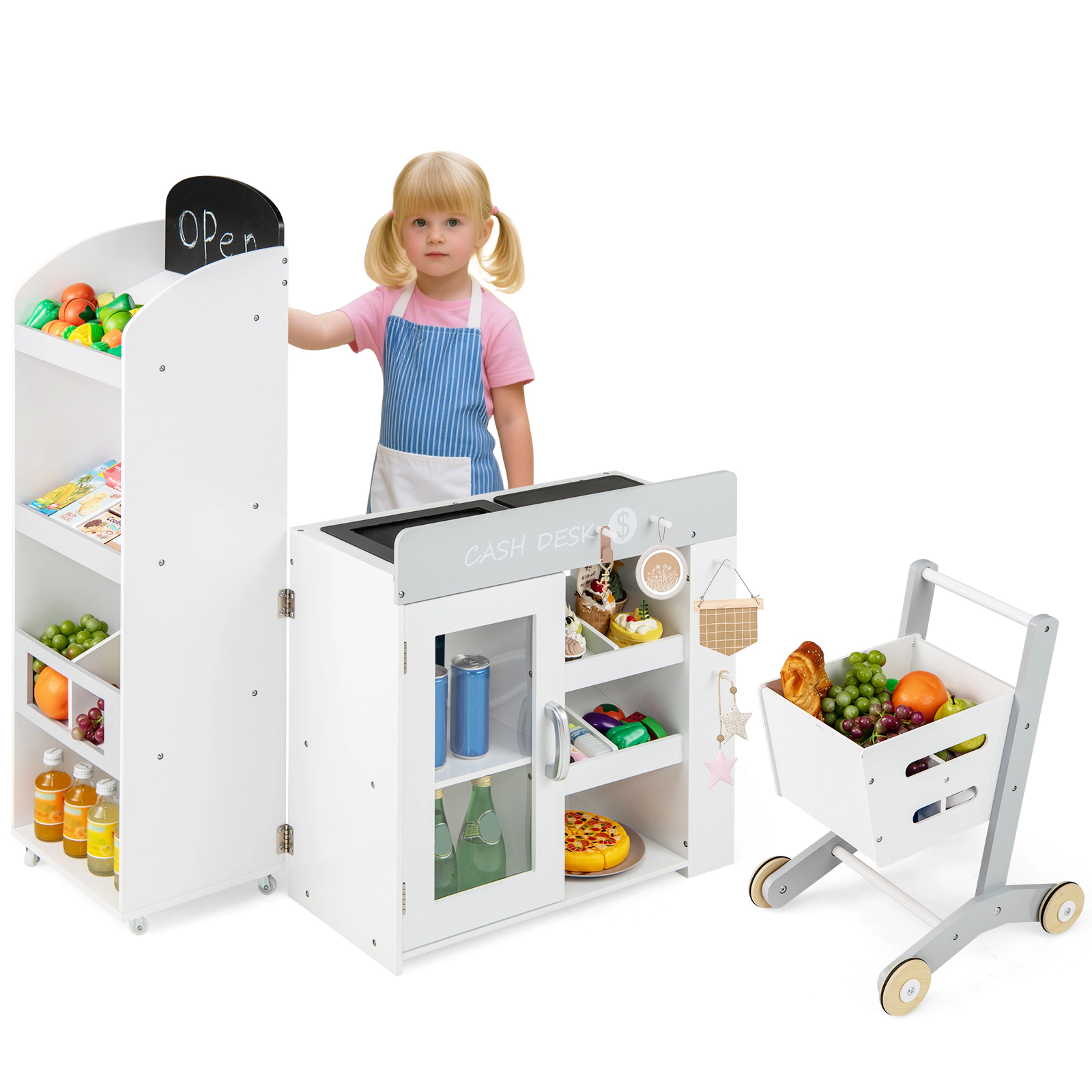 LJG Kids Grocery Store Playset Convertible Wooden Play Store with Shopping Cart