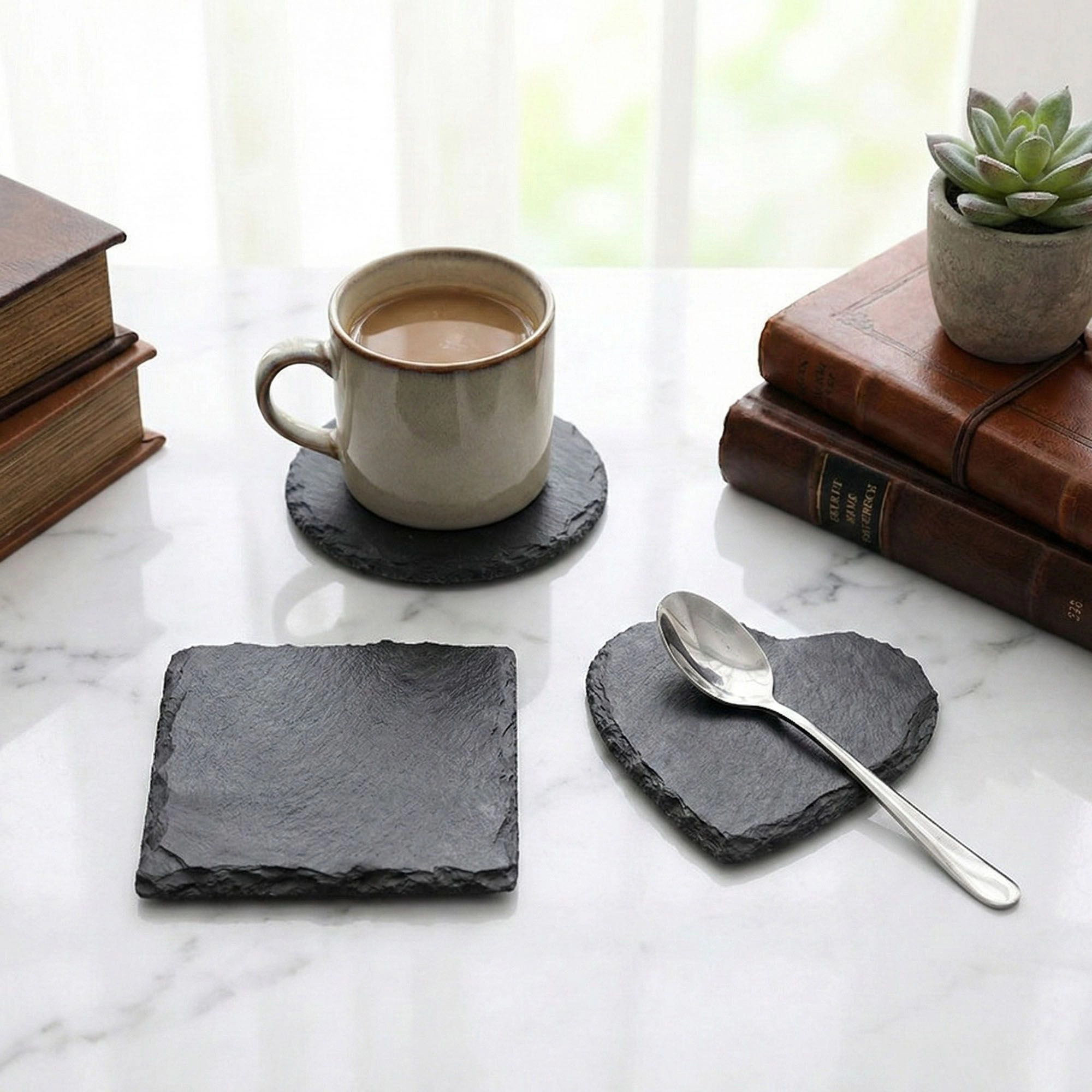 Alilang Unisex Natural Slate Stone Coaster Set Assorted Round Square Heart Shapes