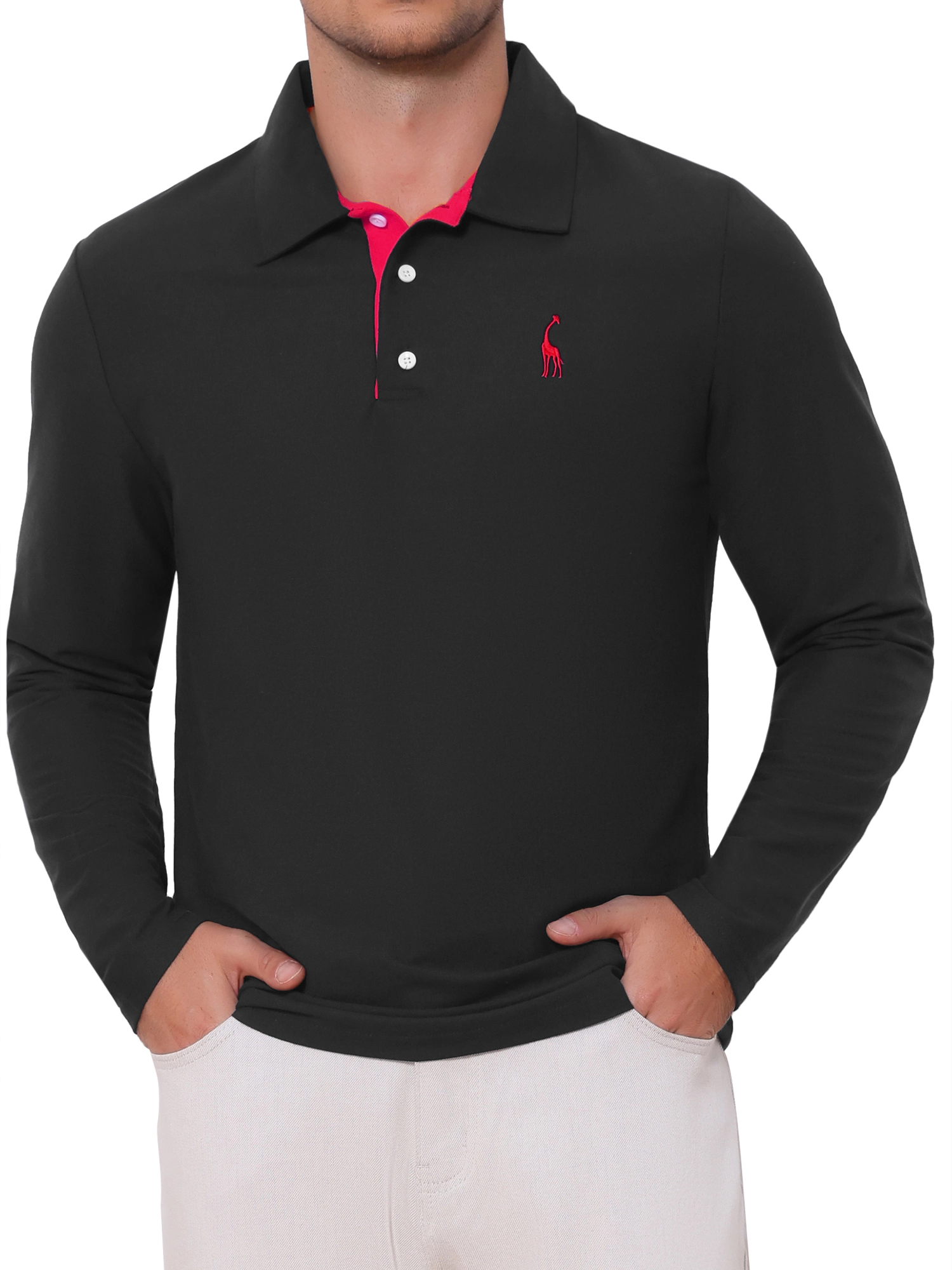 INSPIRE CHIC Men's Pattern Pique Long Sleeve Golf Polo Shirt