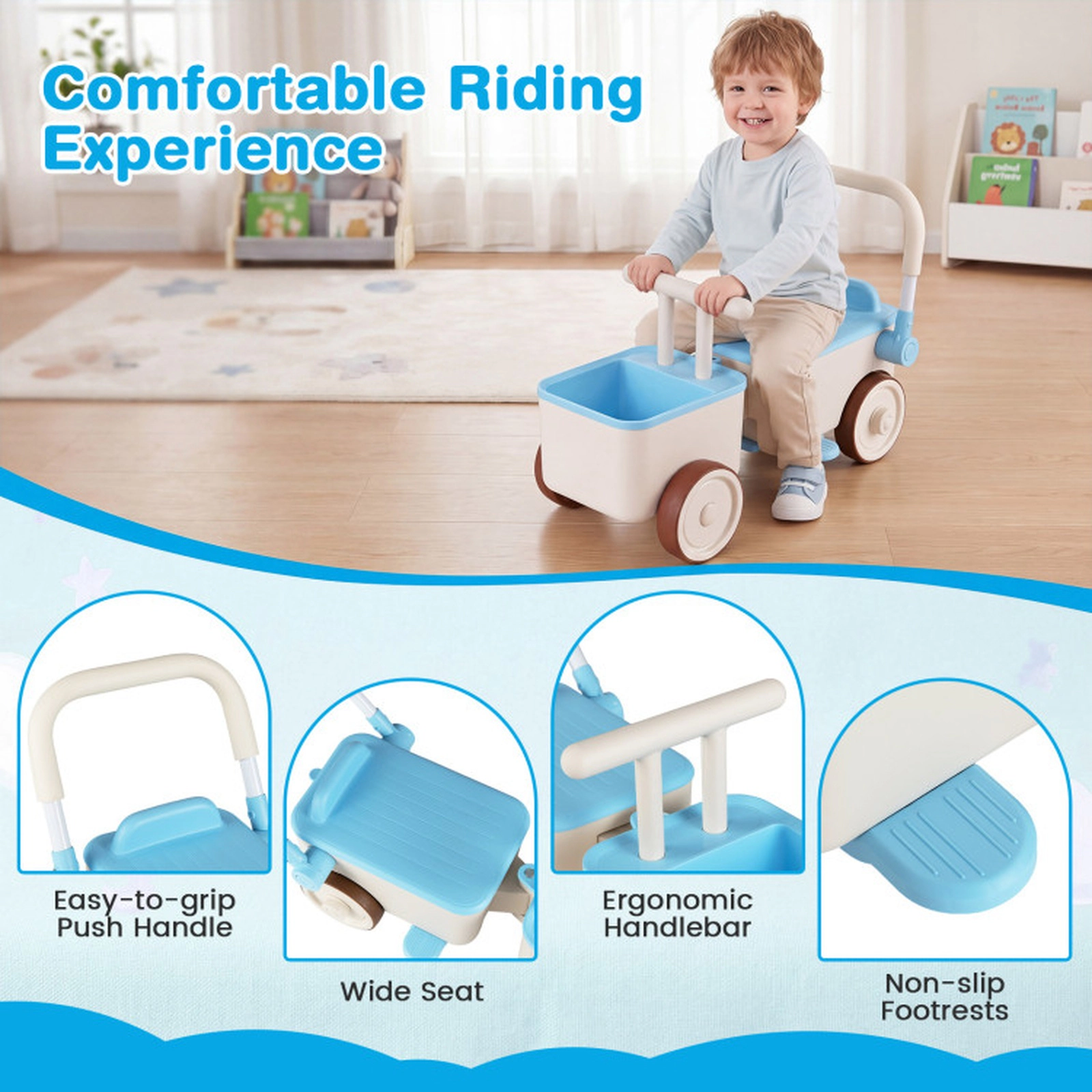 SUGIFT 3-in-1 Walking Sliding Kids Ride On Push Car with Rope and Storage Basket 44-lb Seat Capacity Ages 3-6 Blue
