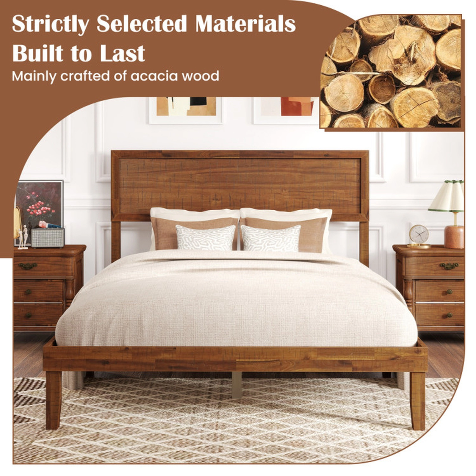 SUGIFT Walnut High Headboard and Slat Support Full Size Wooden Platform Bed Frame