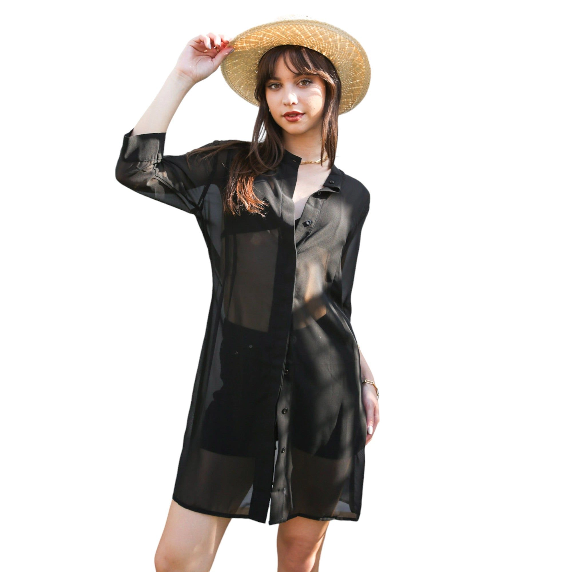 Anna-Kaci Women's Junior Black Sheer Chiffon Longline Tunic Blouse