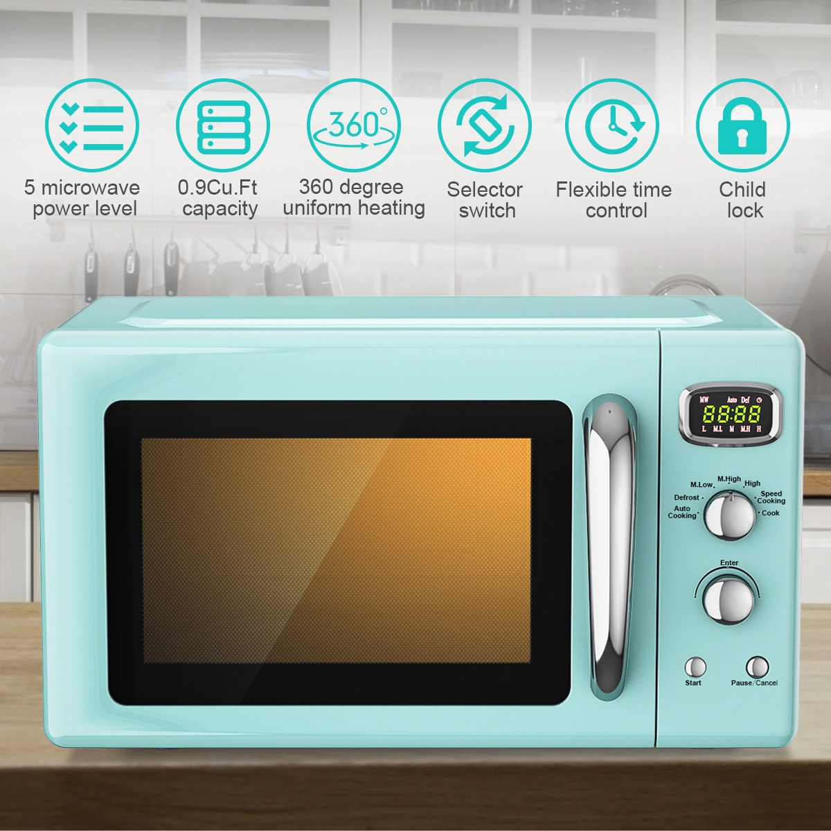 SUGIFT Green 0.9-cu ft 900W Retro Countertop Microwave Oven with Power Selector Knob and Child Lock