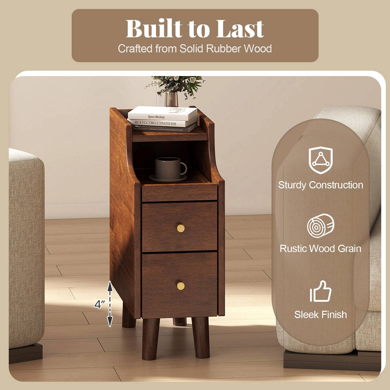 SlickBlue Narrow Nightstand with 2 Drawers and Pull Out Tray