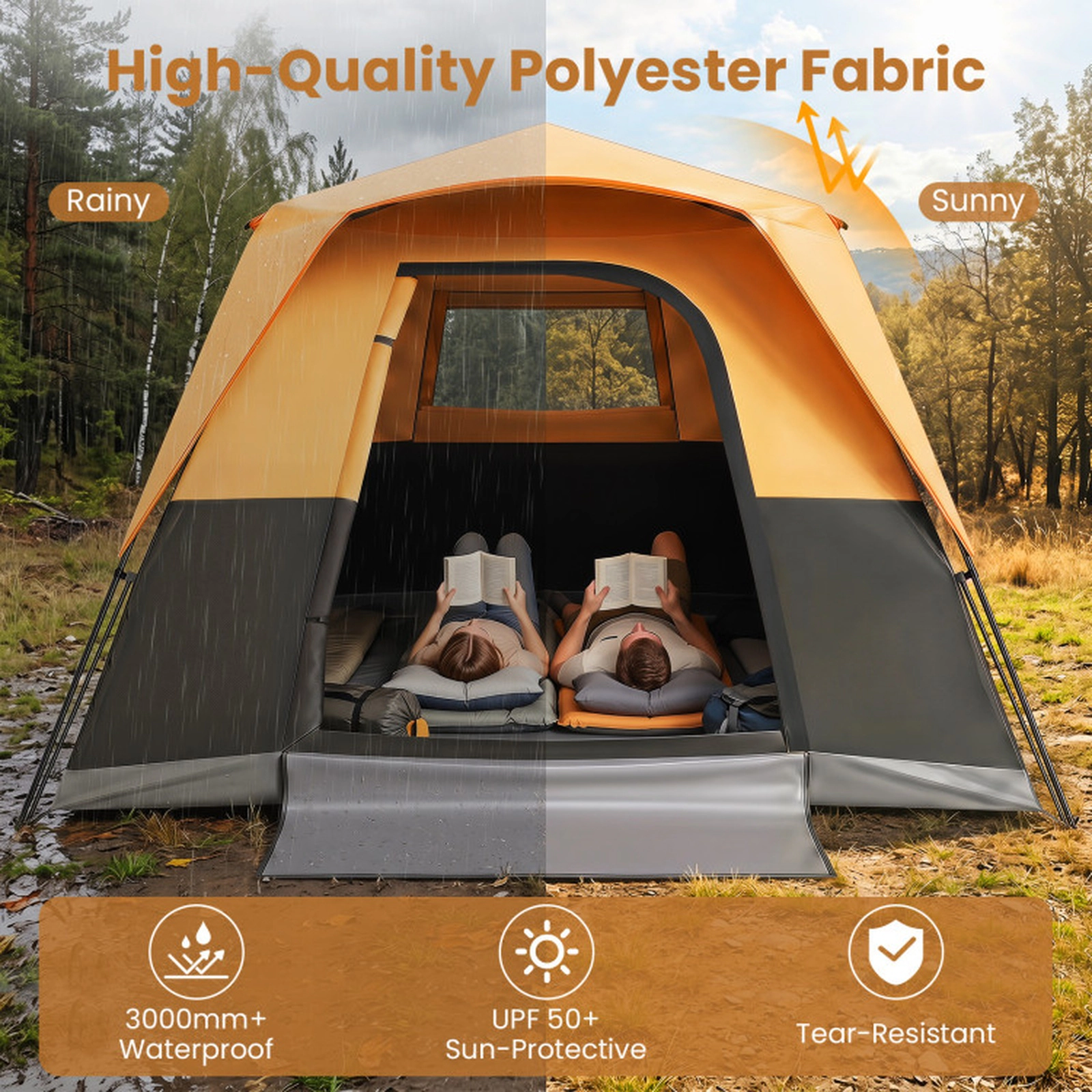SUGIFT Blackout Easy-Setup 6-Person Instant Cabin Camping Tent with Rainfly, Skylights and Carrying Bag Orange/Gray