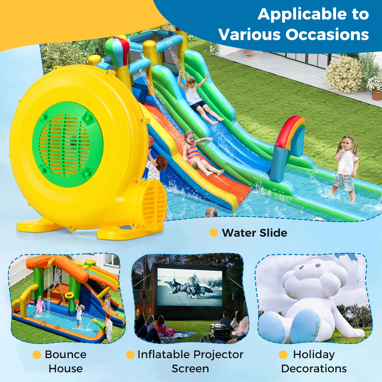 SUGIFT 610W Electric Air Blower for Bounce Houses with 4-in Air Outlet Yellow and Green