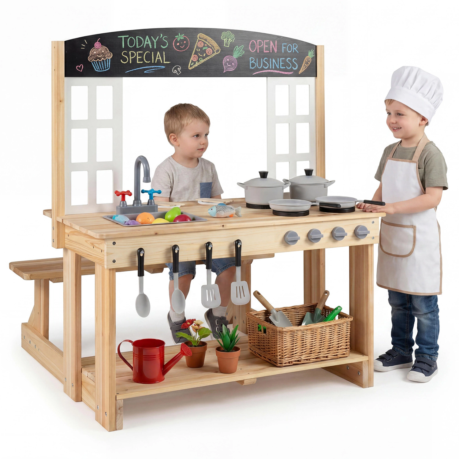 LJG Kids Wooden Pretend Play Kitchen with Bench and Cooking Accessories