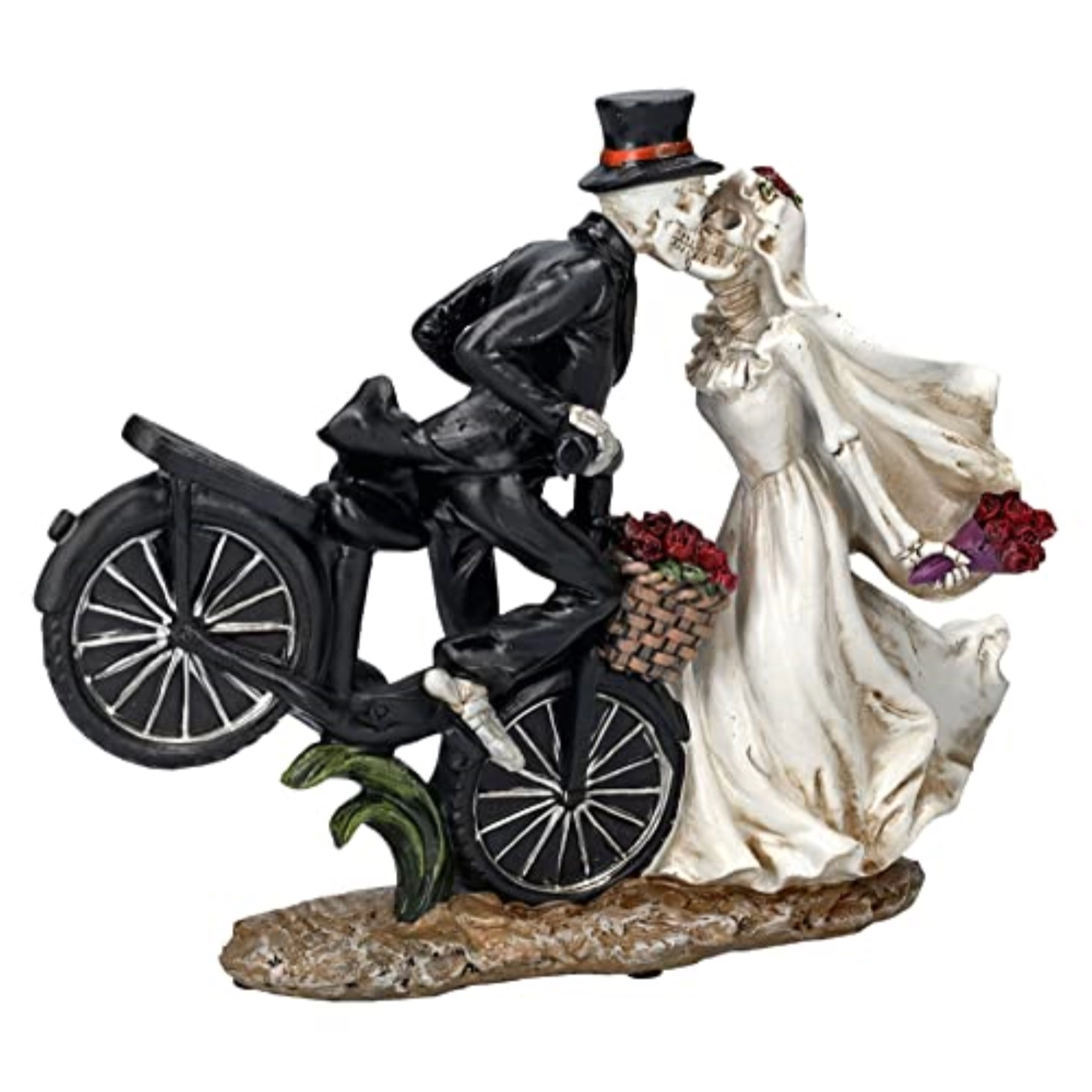 Pacific Giftware Love Never Dies Newly Wed Skeleton Couple Kissing Rose Basket Bike Statue 12.2 inch Tall