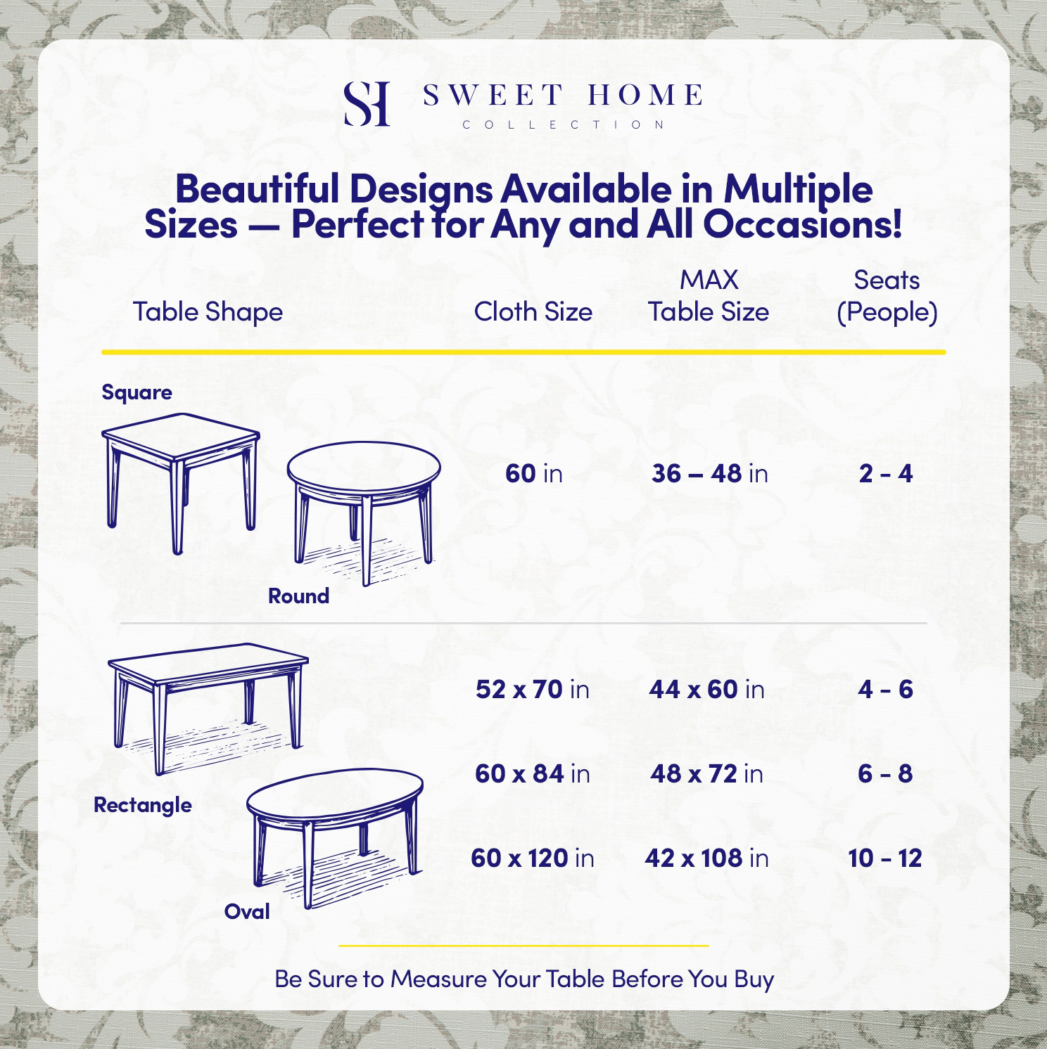 Sweet Home Collection Printed Waterproof Fabric Damask Tablecloth