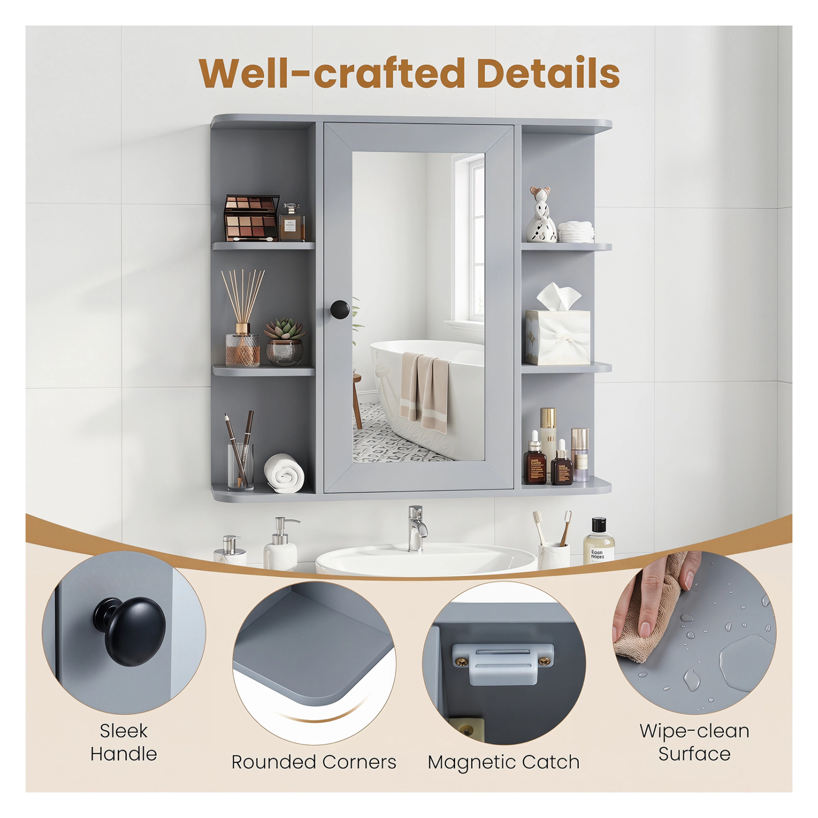 Glintex Wall-Mounted Medicine Cabinet with Mirrored Door and 6 Open Shelves
