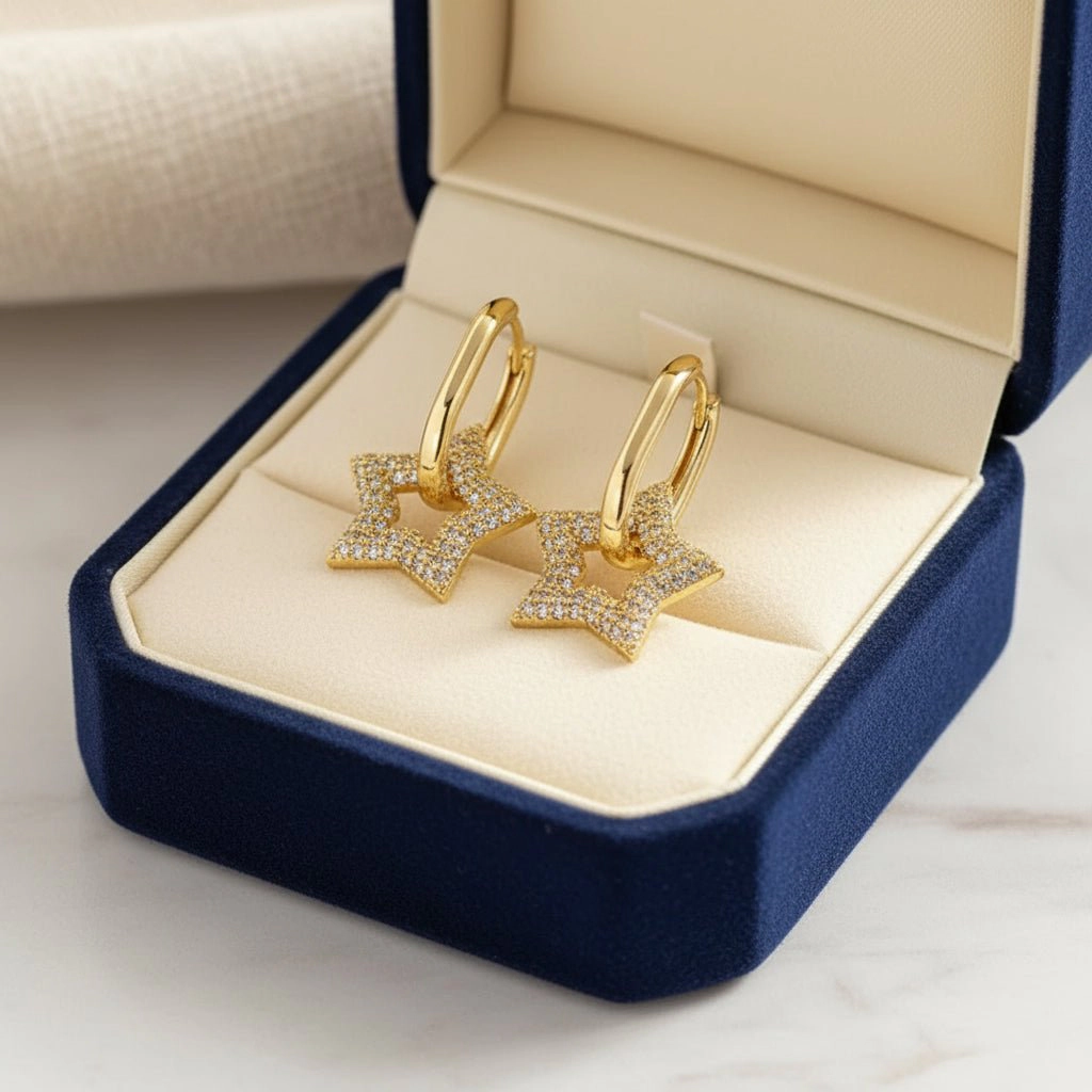 DressAtR Women's Star Zircon Gold Tone Drop Earrings