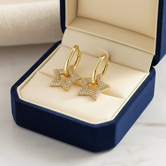 DressAtR Women's Star Zircon Gold Tone Drop Earrings