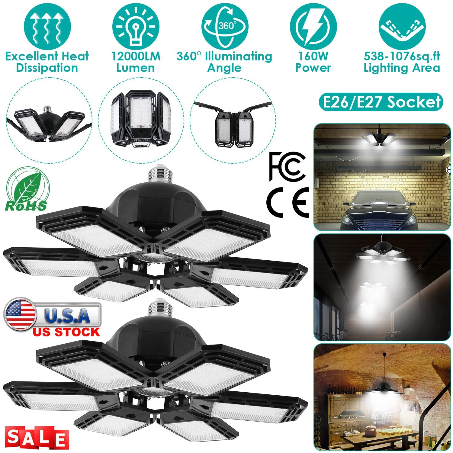 GBruno 2-Pack Adjustable LED Garage Lights 160W