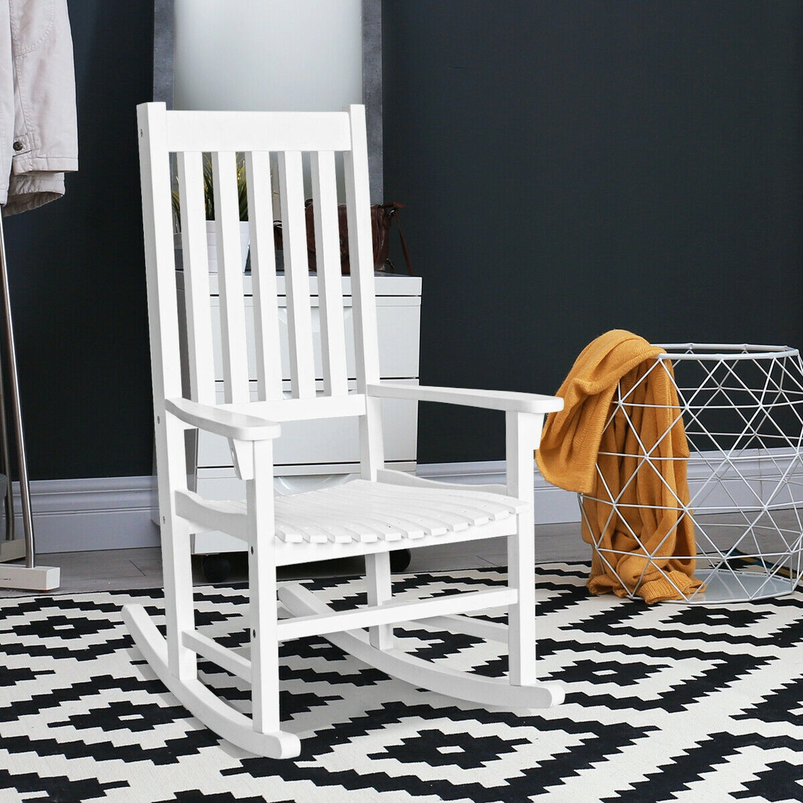 SUGIFT Indoor Outdoor Acacia Wood High Back Rocking Chair 350-lb Capacity 33 x 28 x 45.5-in Frame 21 x 20-in Seat White