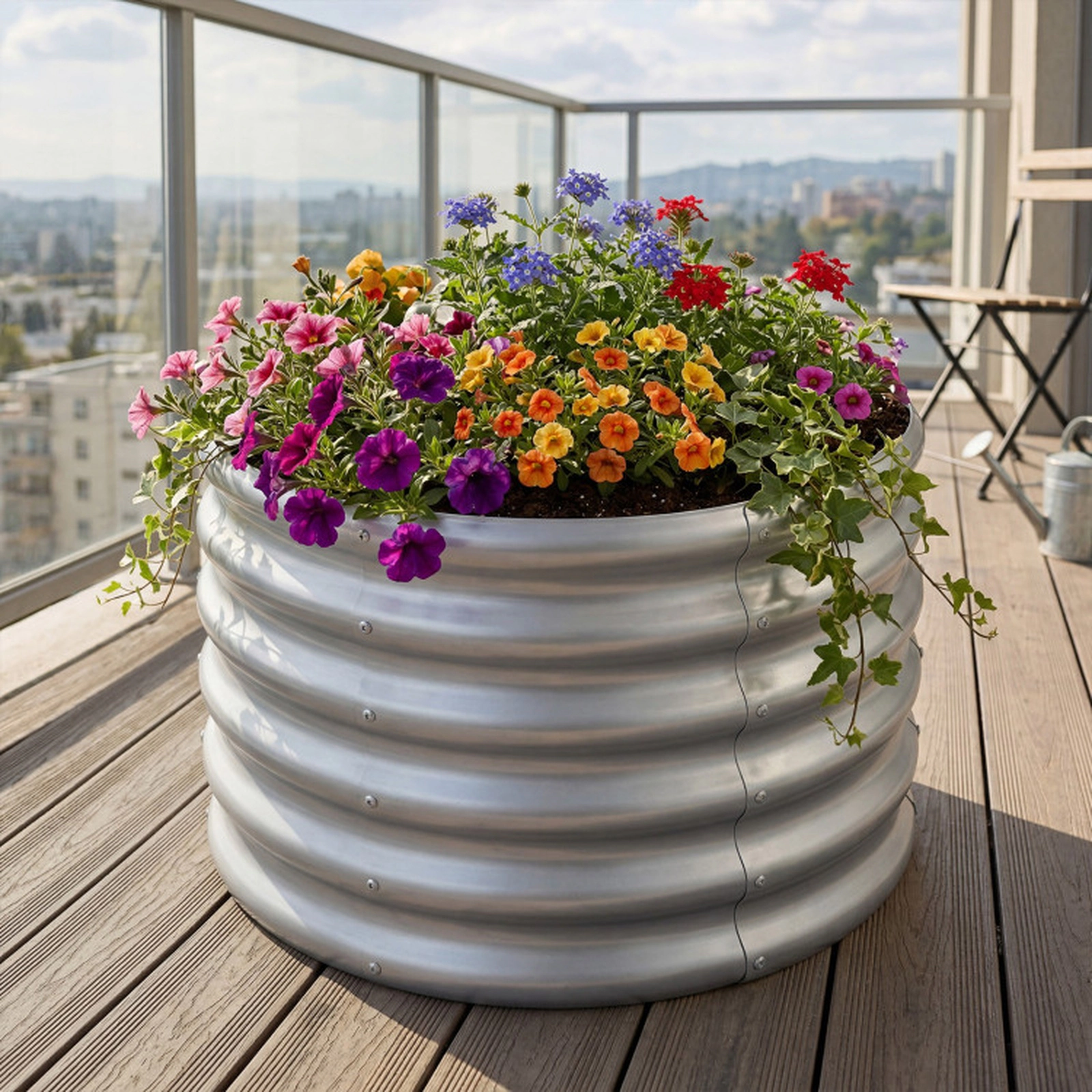 SUGIFT 24-in Round 17-in Deep Galvanized Metal Raised Garden Bed with Corrugated Walls and Open-Ended Base