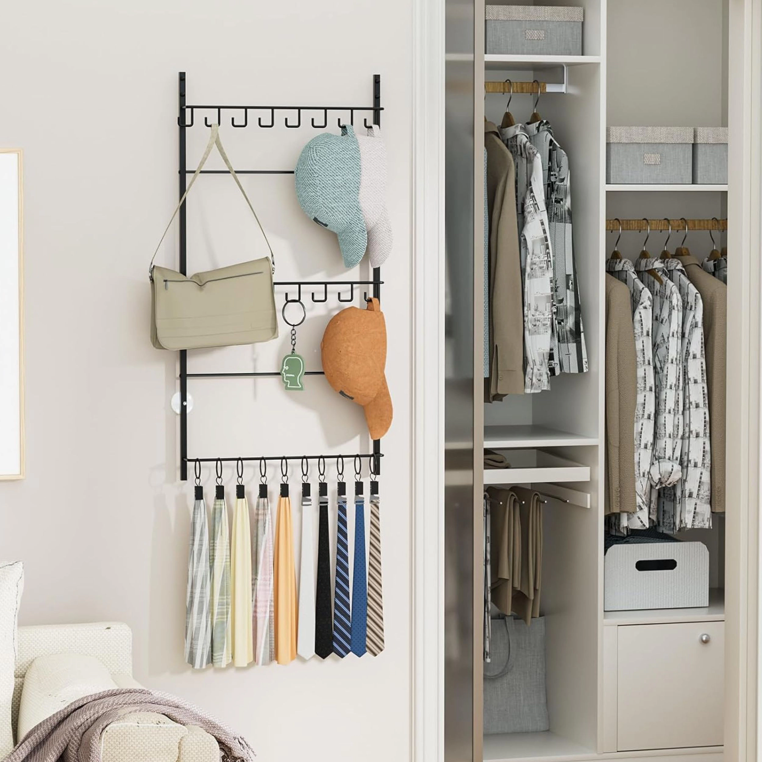 Stock Preferred Over Door Hat Rack Organizer with 16 Hooks and 10 Clips Holds 26 Caps Black