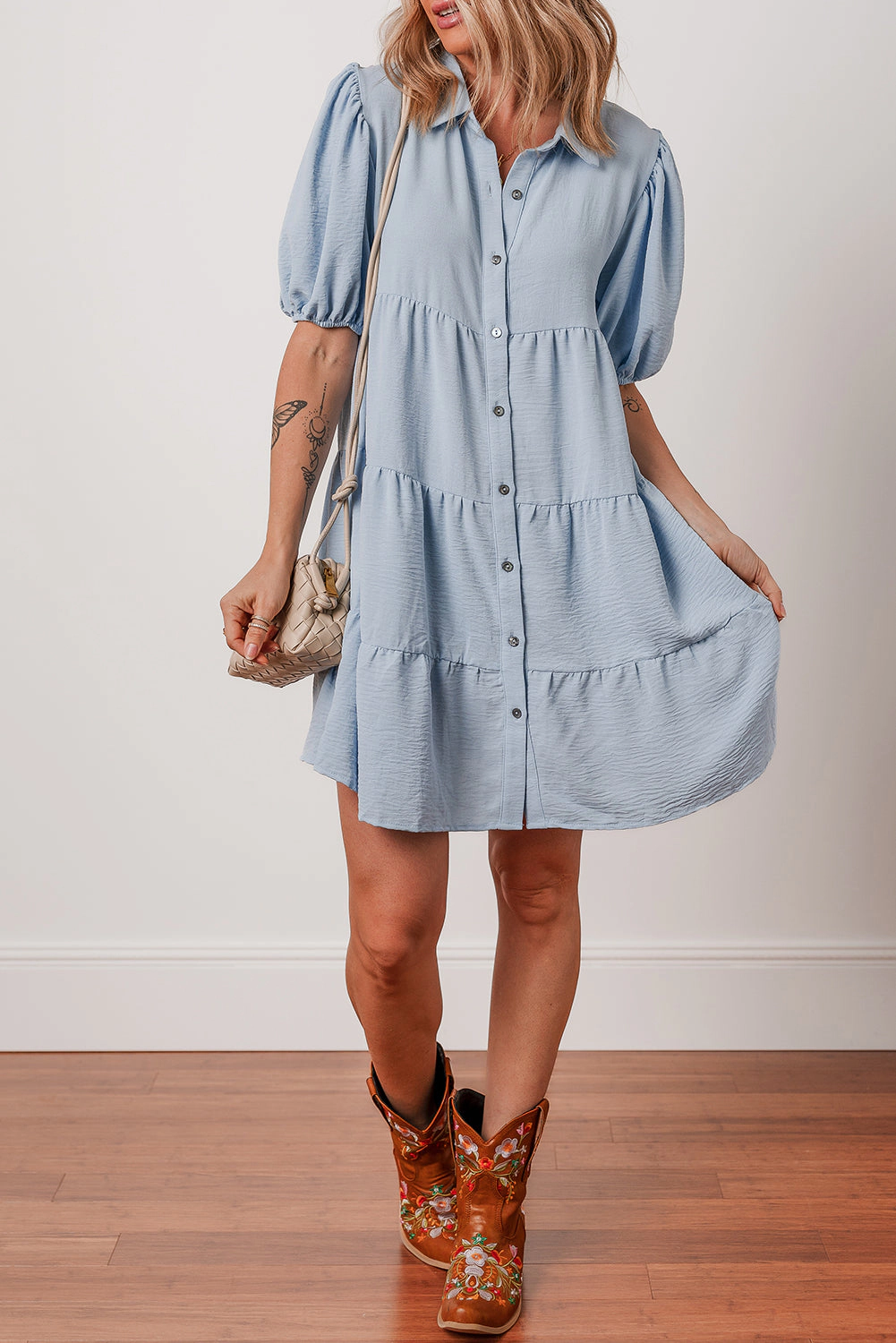 Threaded Pear Women's Arya Shirt Collar Button Up Puff Sleeve Tiered Dress