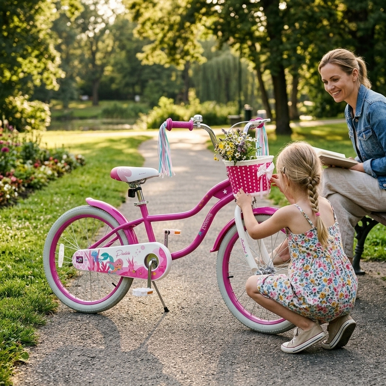 20-in Kids Bike Girls Ages 8+ Adjustable Bicycle Mermaid Theme Streamers Front Basket Kickstand 200-lb Seat Capacity