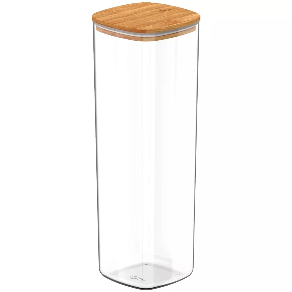 OU Airtight Food Storage Container 8.4cup, Clear Plastic w/ Leak Proof Bamboo Lid, Slim Kitchen Pantry Organizer