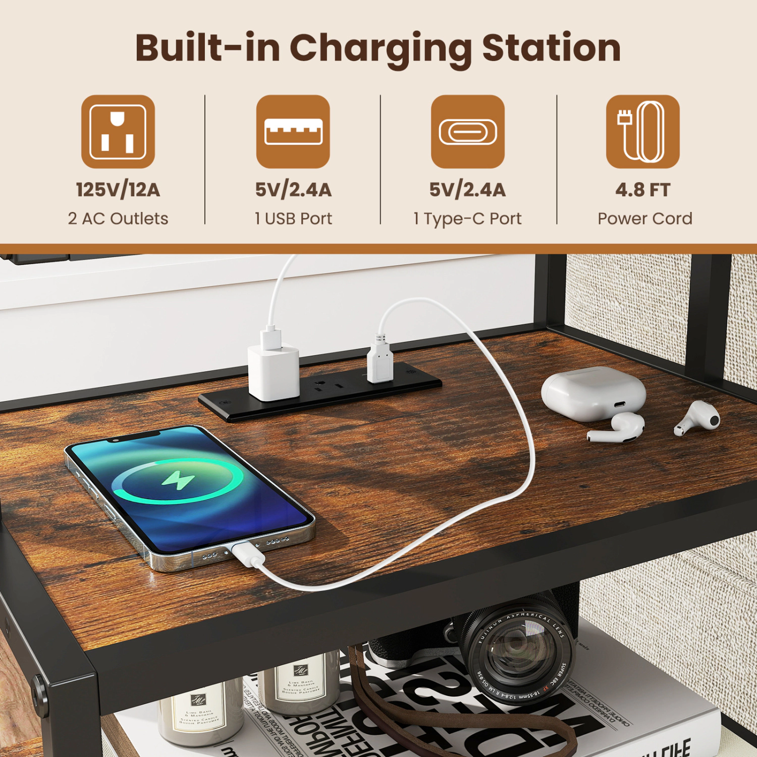 Hivvago Set of 2 Nightstand with Charging Station 28 Inch Tall Bedside Table with Fabric Drawer
