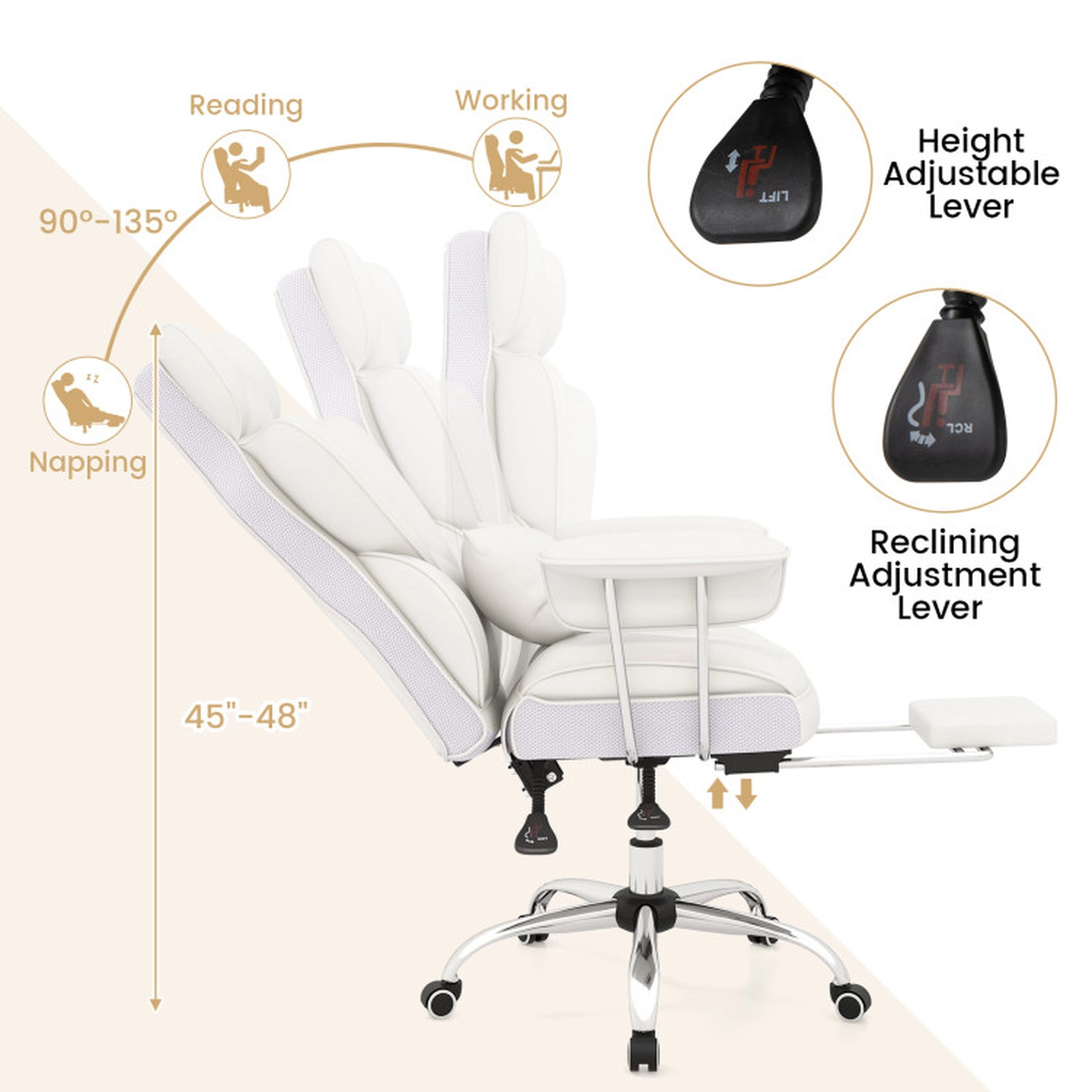 SUGIFT High Back Retractable Footrest PU Leather Executive Office Chair 29-in x 27.5-in x 45-in 400-lb Capacity White