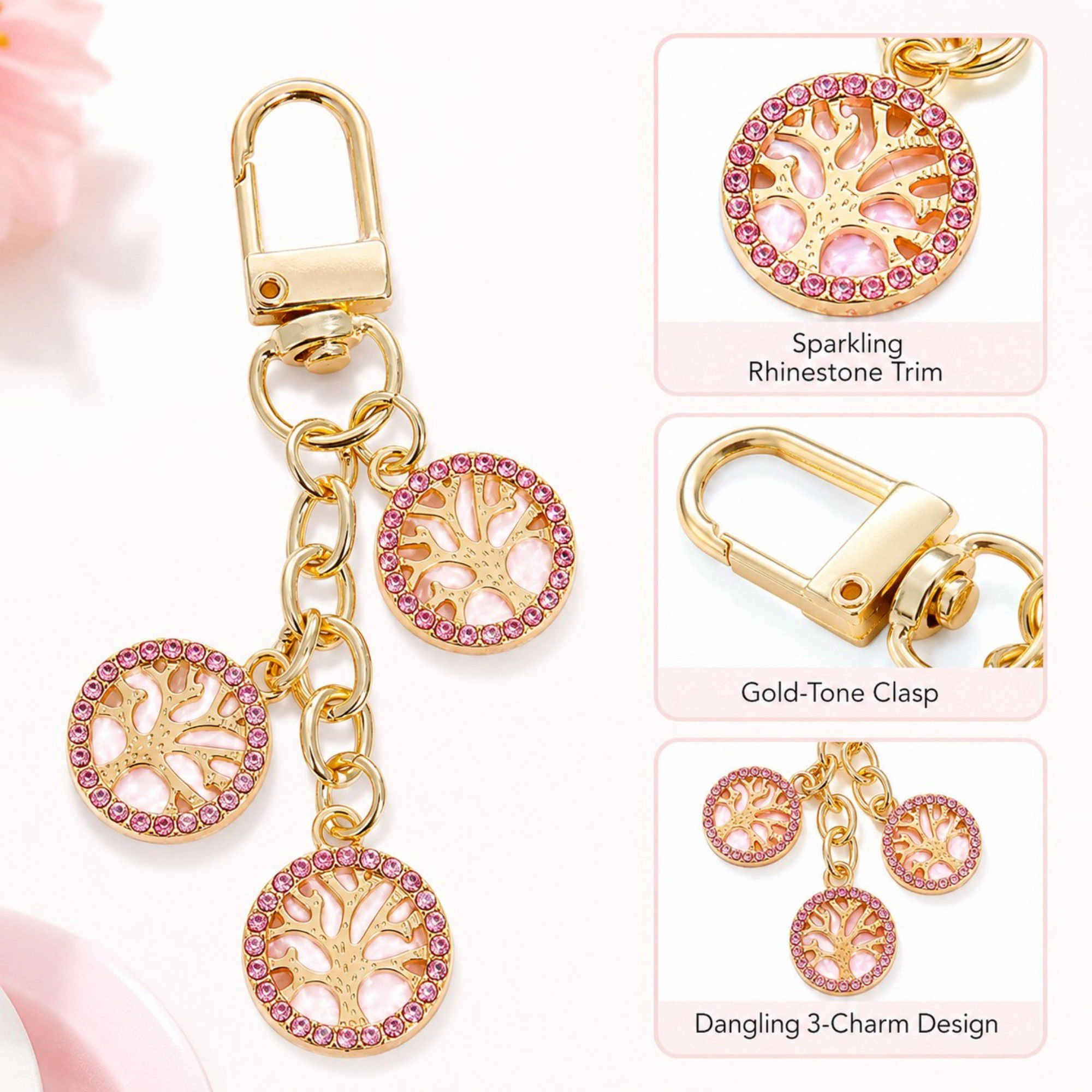 Alilang Women's 3pc Tree Medallion Keychain Bag Charm with Rhinestone Trim Gold Tone Chain and Clip